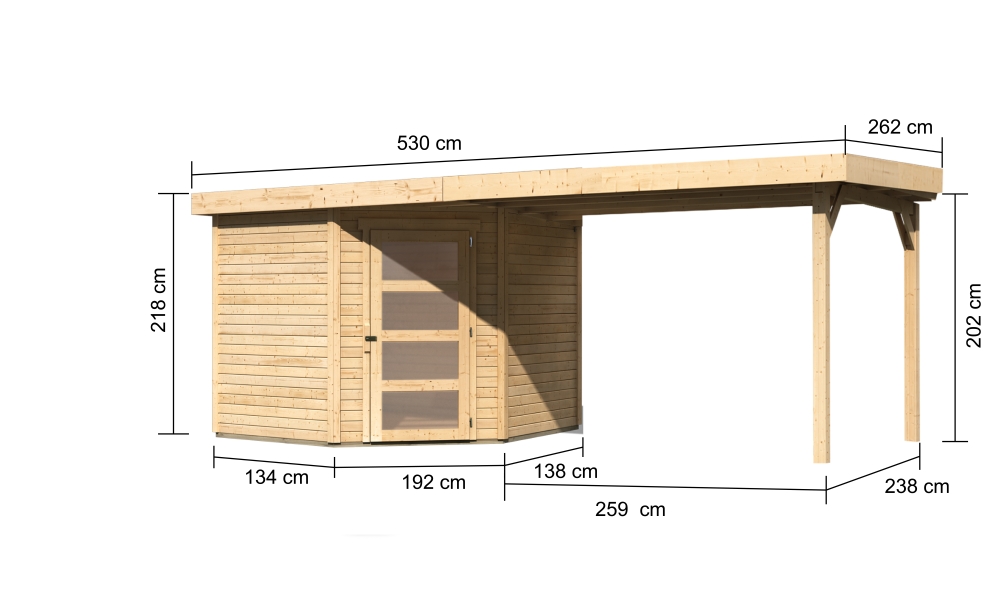Bemaßte Maßzeichnung des Karibu Gerätehaus Schwandorf 5 mit Anbaudach, 530 × 262 cm