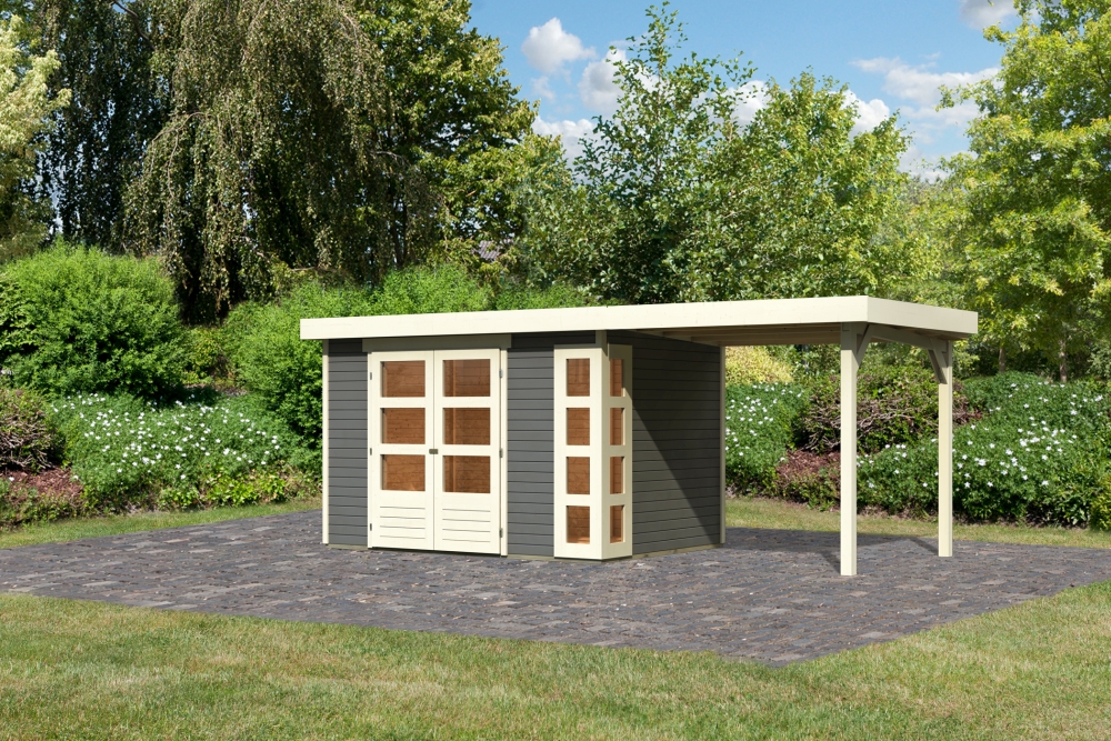 Karibu Gerätehaus Kerko 4 in Terragrau und Anbaudach, Außenansicht