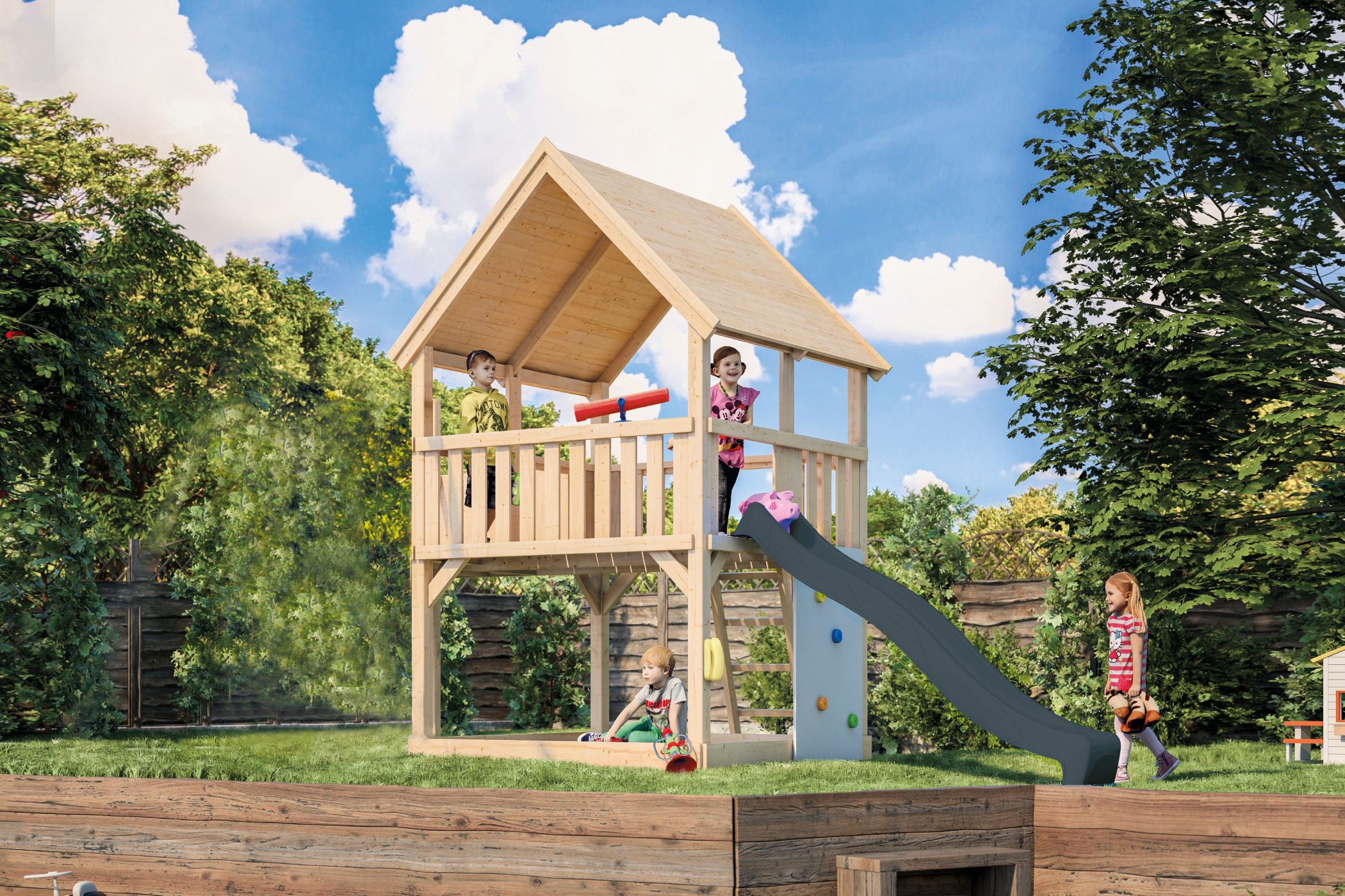 Karibu Spielgerät aus Holz mit Wellenrutsche, im Garten aufgebaut