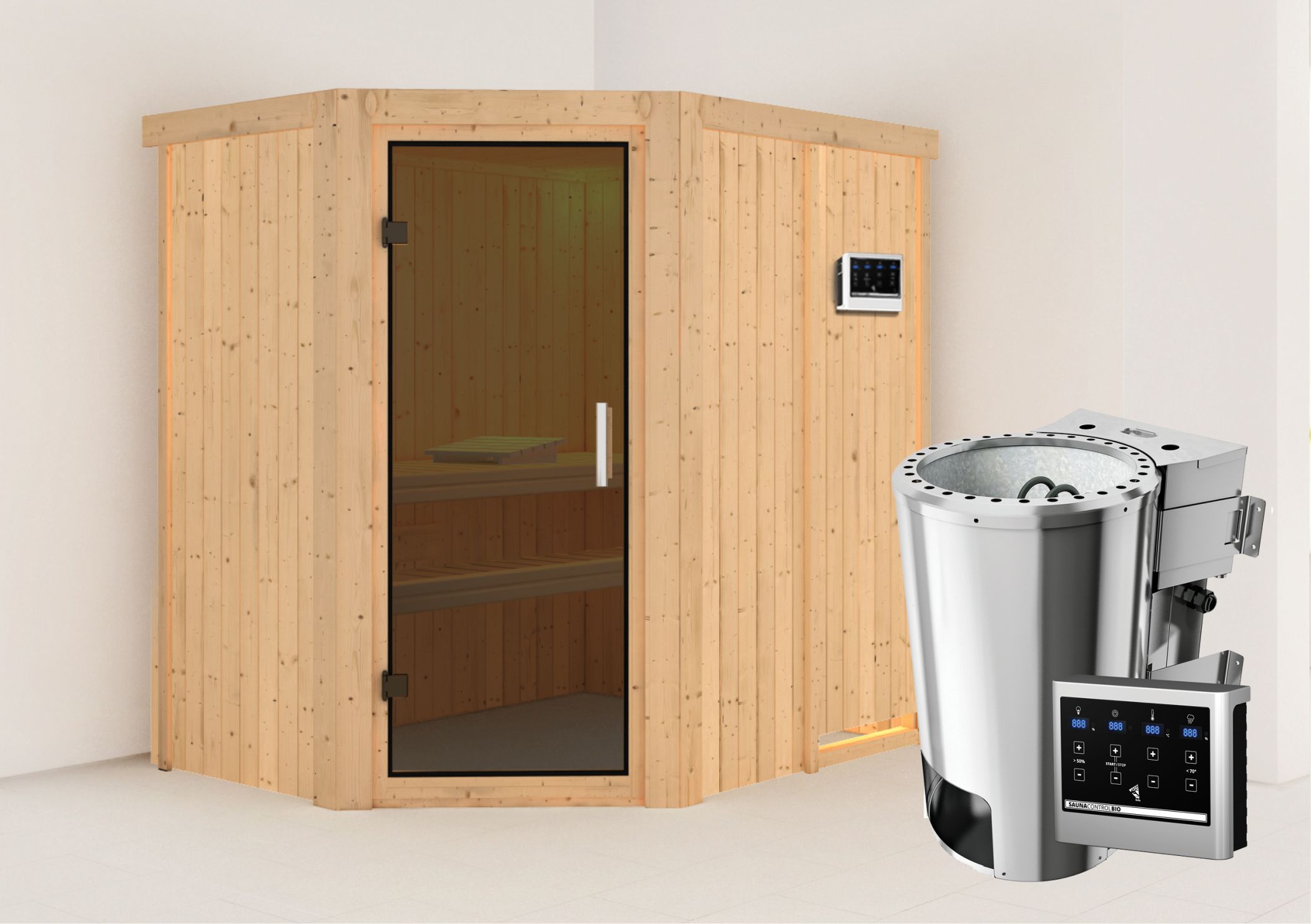 Außenansicht der Karibu Sauna Saja aus nordischer Fichte mit Ganzglastür und Fronteinstieg