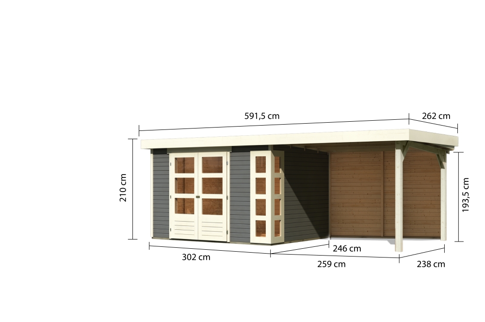 Bemaßte Maßzeichnung des Karibu großes Gerätehaus Kerko 5 mit Anbaudach, 592 × 262 cm