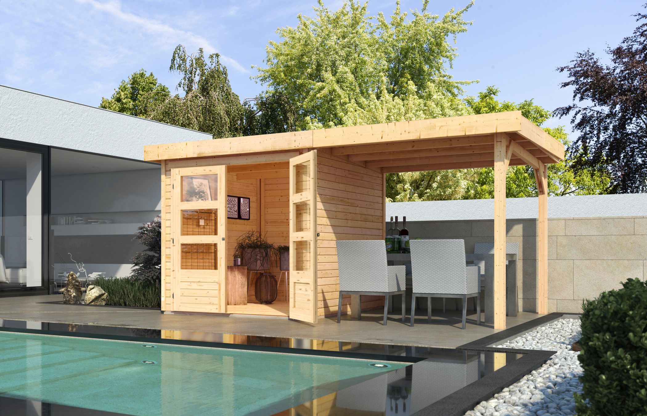 Karibu Gerätehaus Askola 2 mit Anbaudach im Garten
