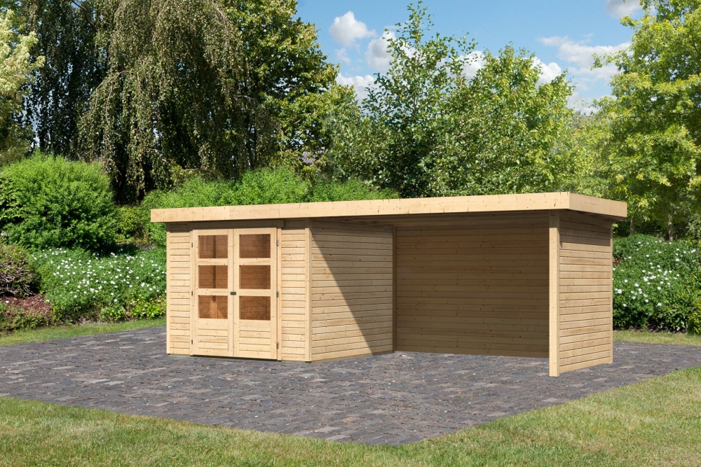 Karibu Gerätehaus Askola 3,5 in Naturbelassen und Anbaudach, Außenansicht