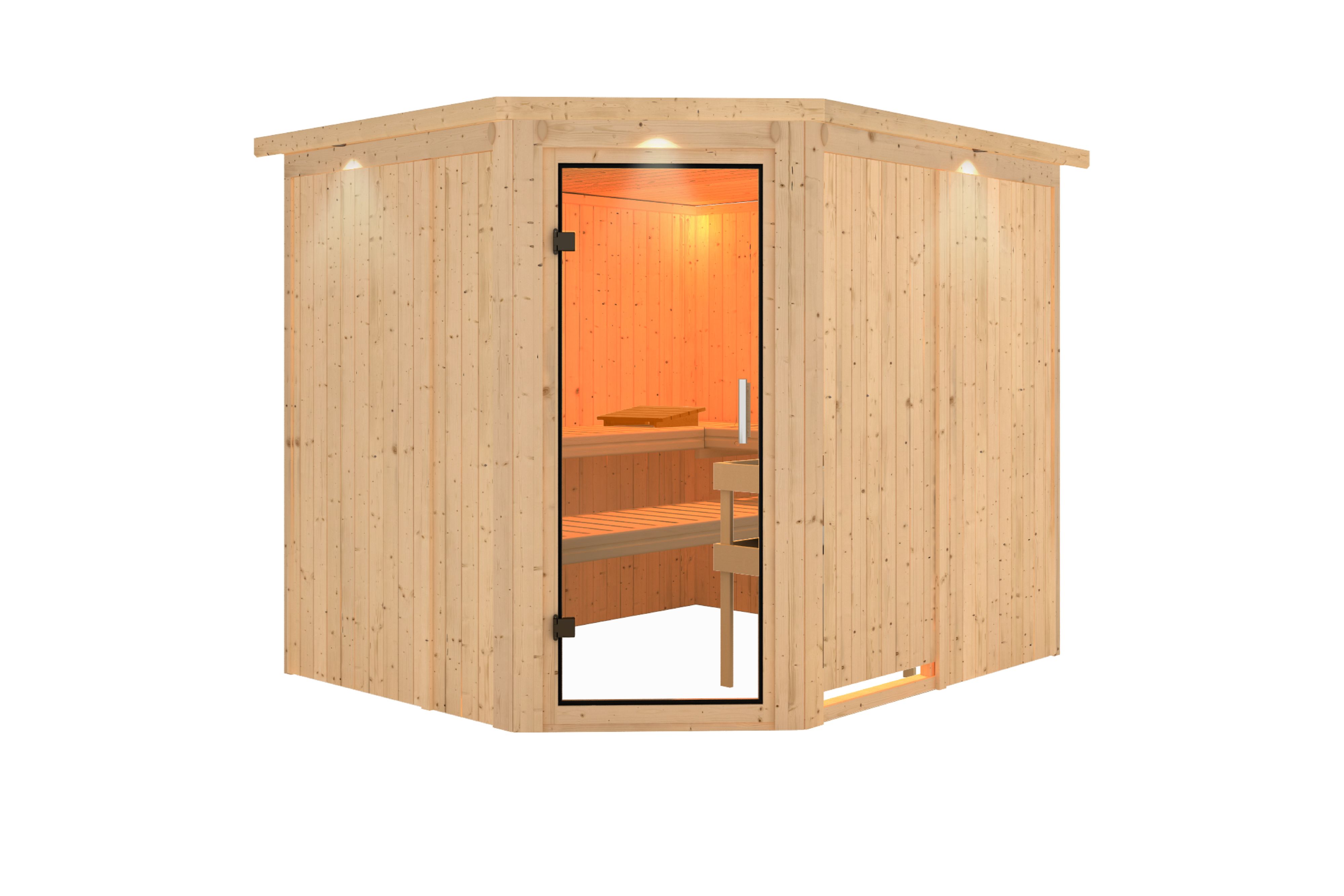 Innenansicht der Karibu Sauna Malin mit Liegen und Kopfstütze aus hellem Espenholz