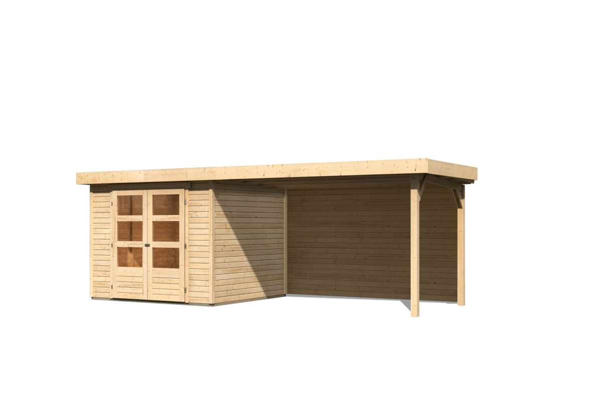 Karibu Gerätehaus Askola 3,5 in Naturbelassen und Anbaudach, Freisteller