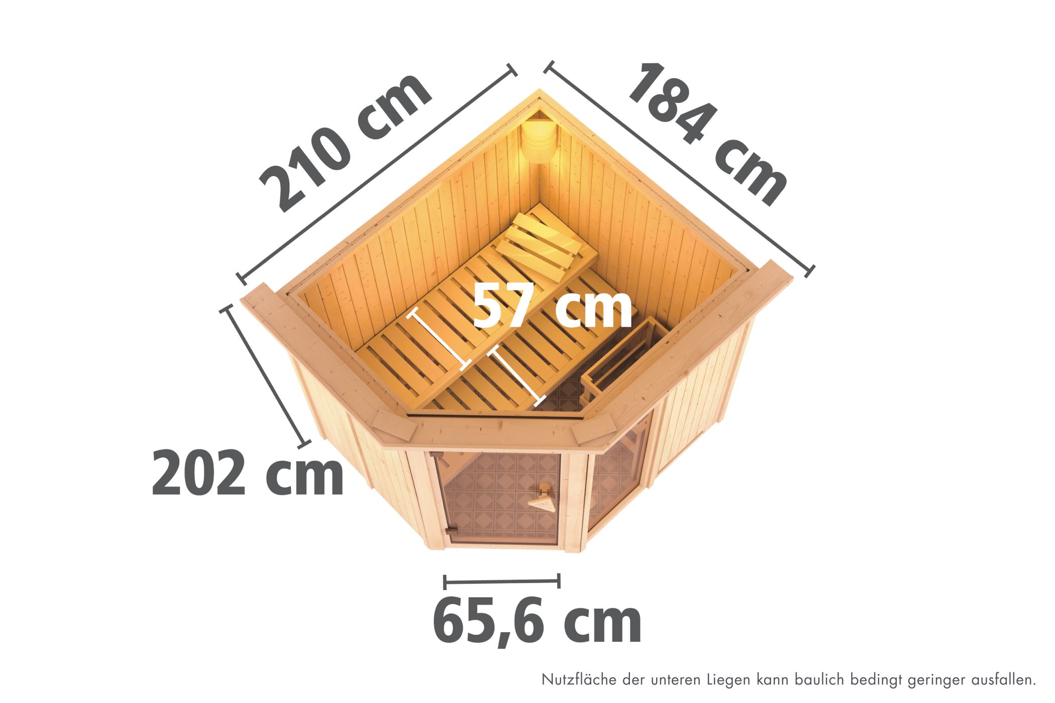 Maßzeichnung der Karibu Sauna Fiona 2 Dachkranzmodell mit Außenmaß 210 × 184 cm und Höhe 202 cm