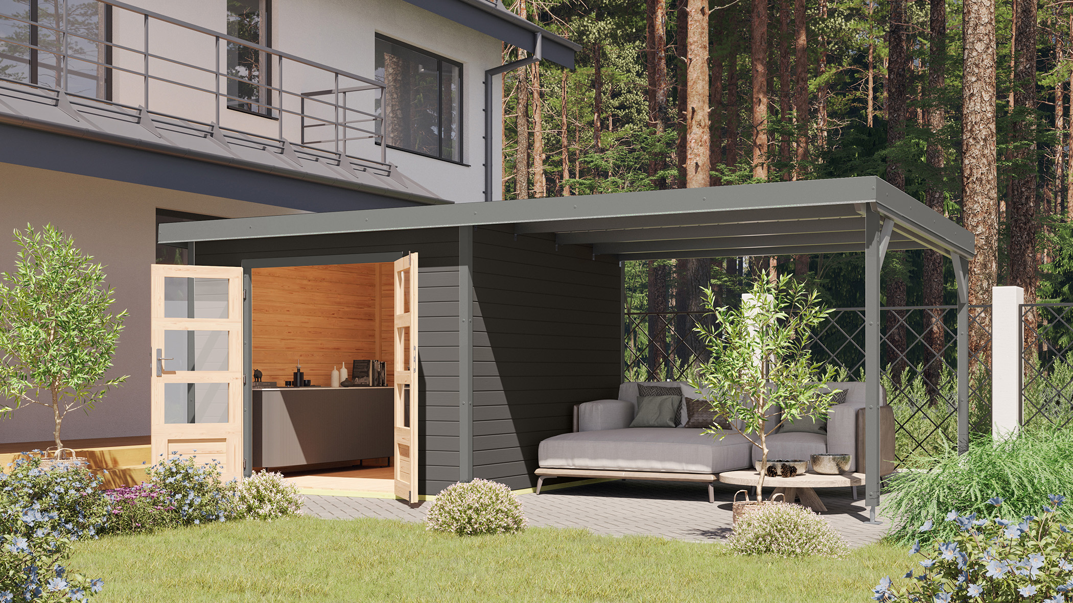 Gartenhaus Holz & Metall Pluto 6 terragrau mit Anbaudach / Lagerabverkauf
