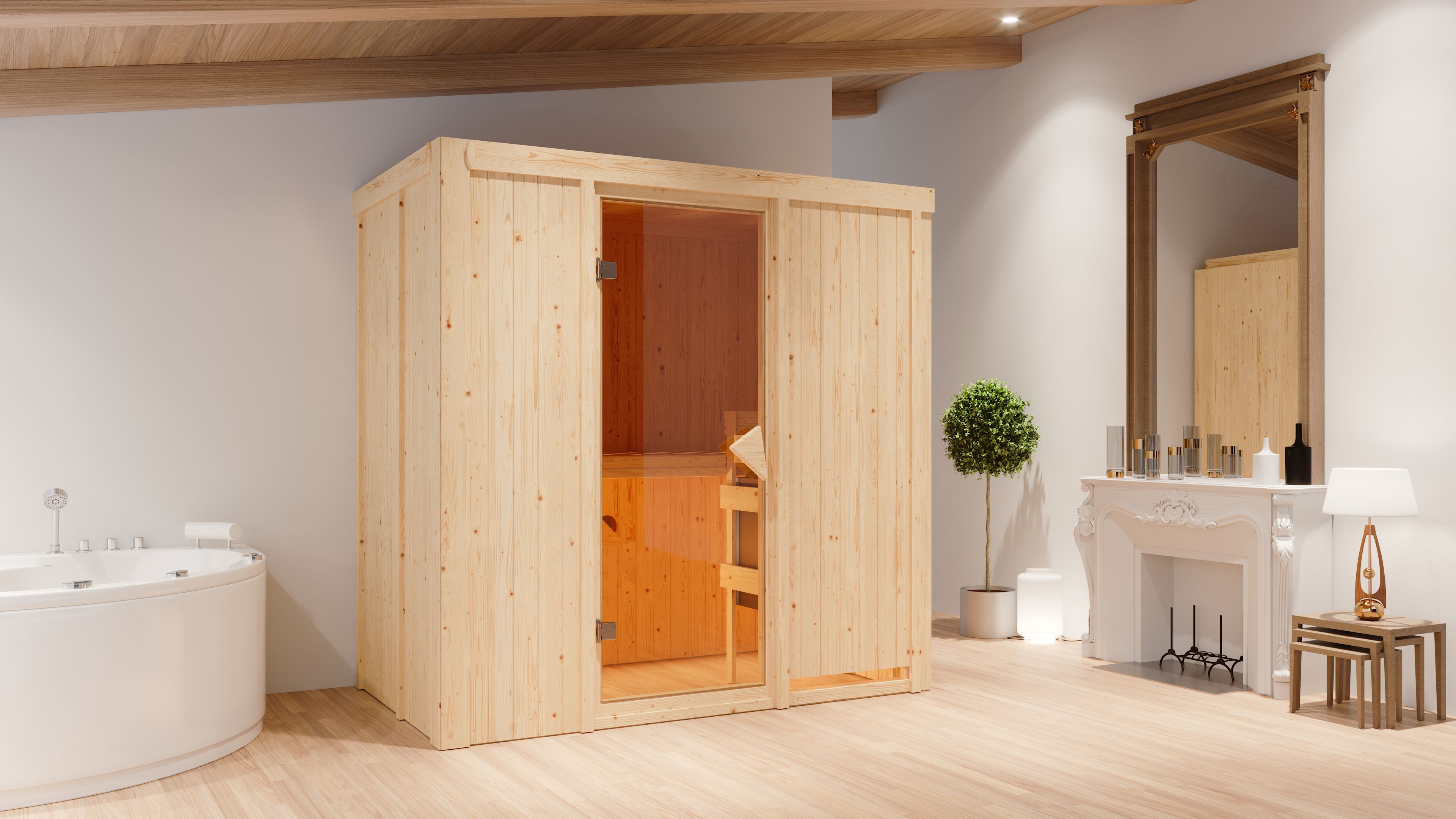 Außenansicht der Karibu Sauna Variado aus nordischer Fichte mit bronzierter Ganzglastür und Fronteinstieg