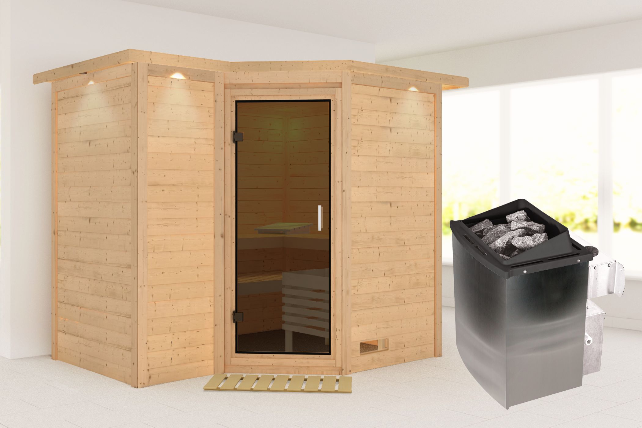 Außenansicht der Karibu Sauna Sahib 2 aus nordischer Fichte mit graphitfarbener Ganzglastür und Fronteinstieg