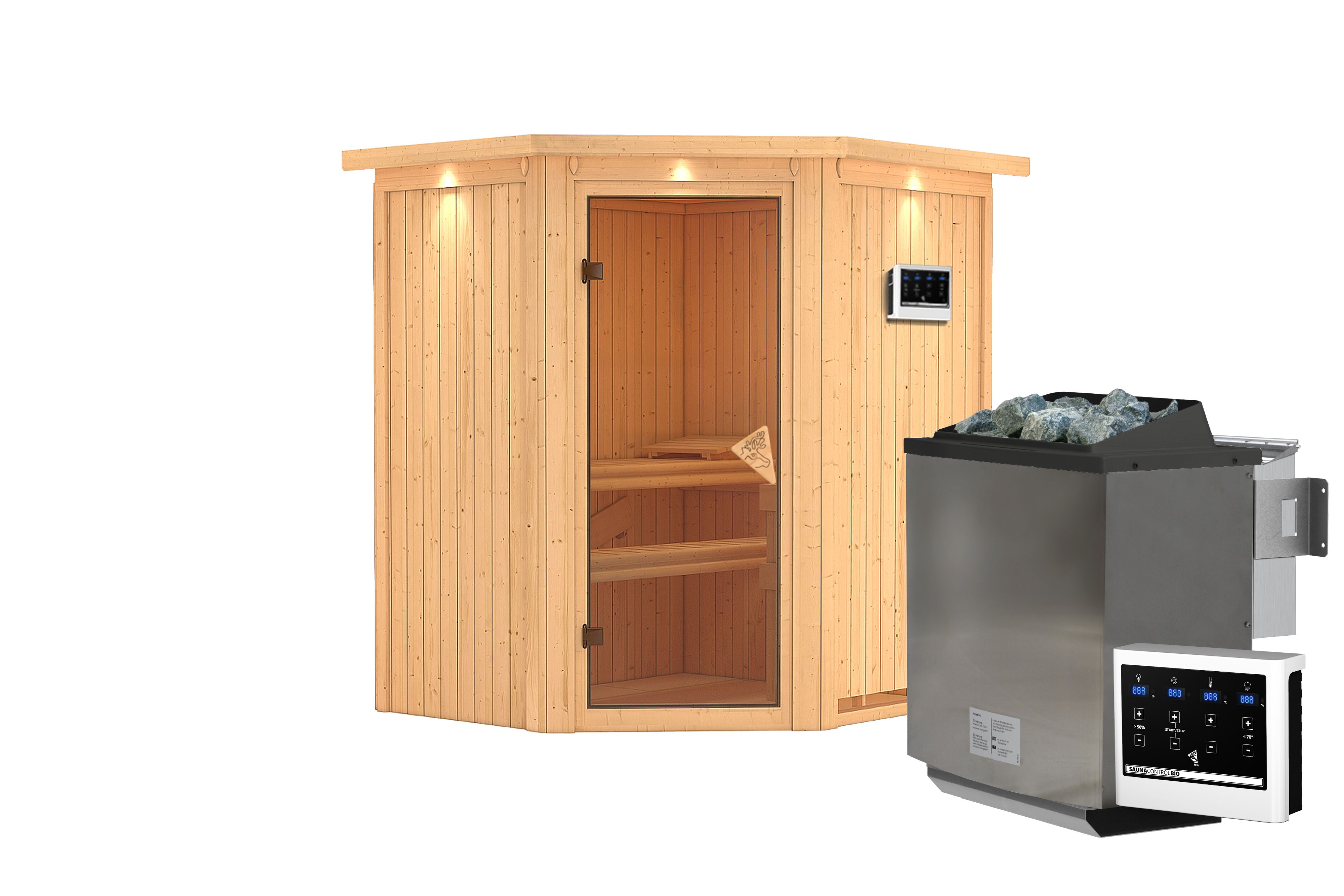 Innenansicht der Karibu Sauna Taurin mit Liegen und Kopfstütze aus hellem Espenholz