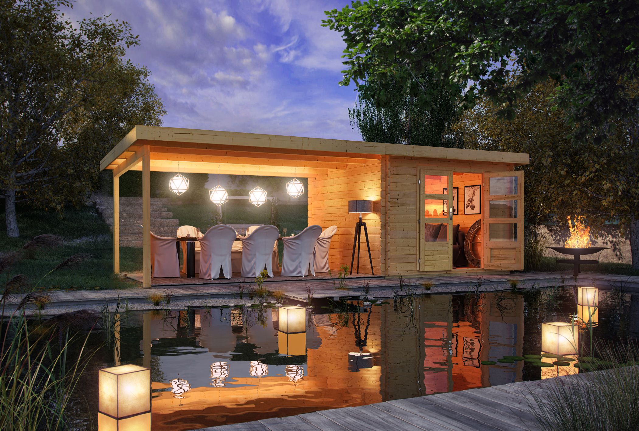 Karibu Gartenhaus Bastrup 5 in Naturbelassen und Anbaudach im Garten