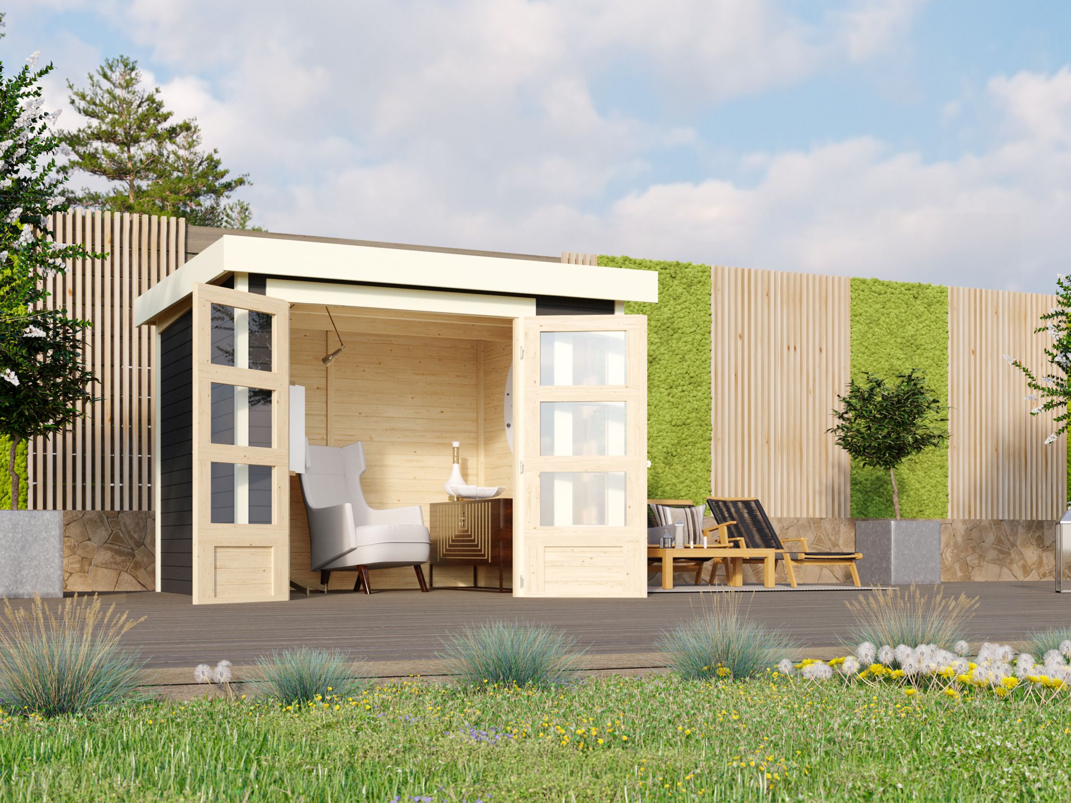 Karibu Gerätehaus Kerko 3 mit Anbaudach im Garten