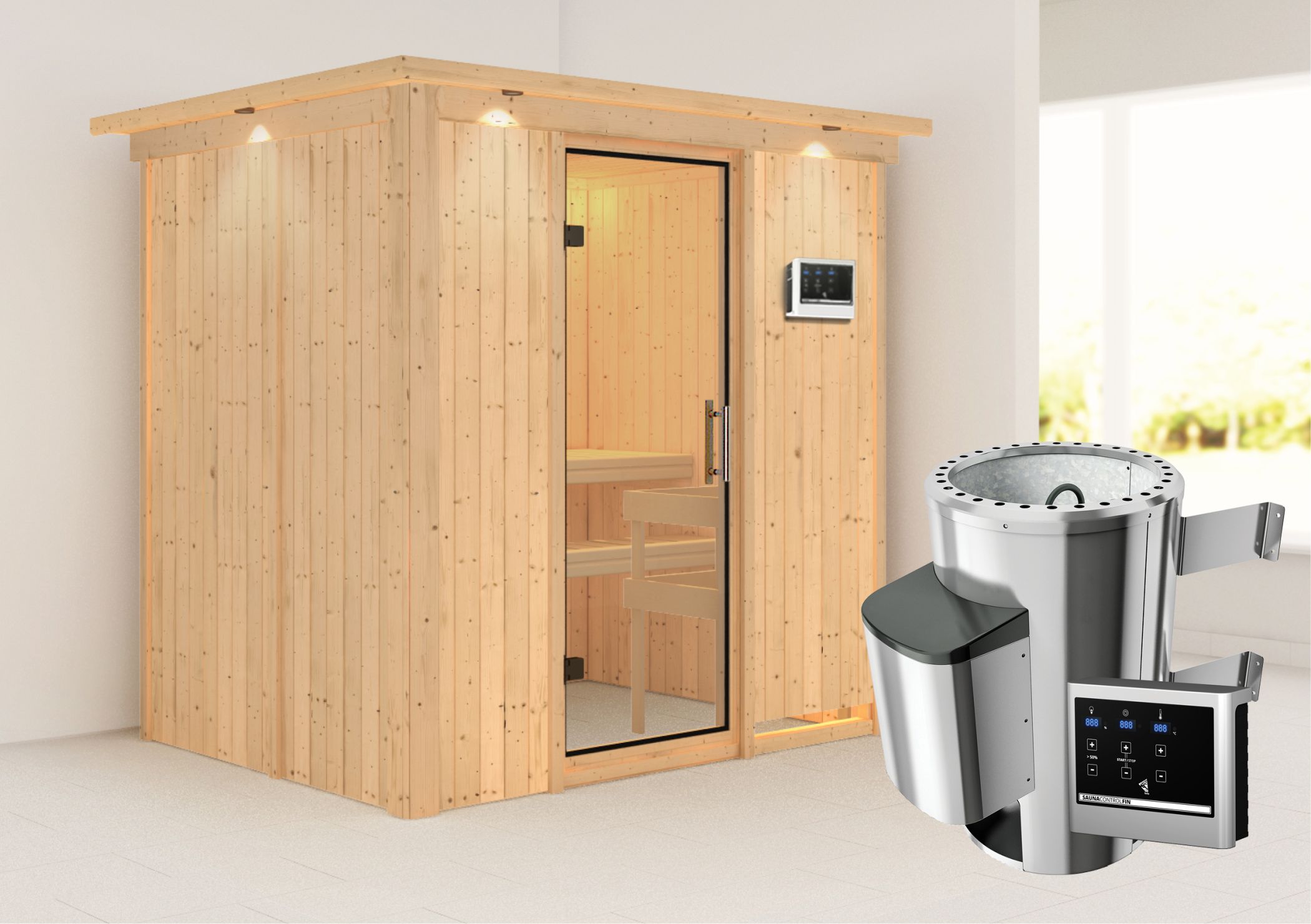 Außenansicht der Karibu Sauna Fanja aus nordischer Fichte mit Klarglas-Ganzglastür und Fronteinstieg