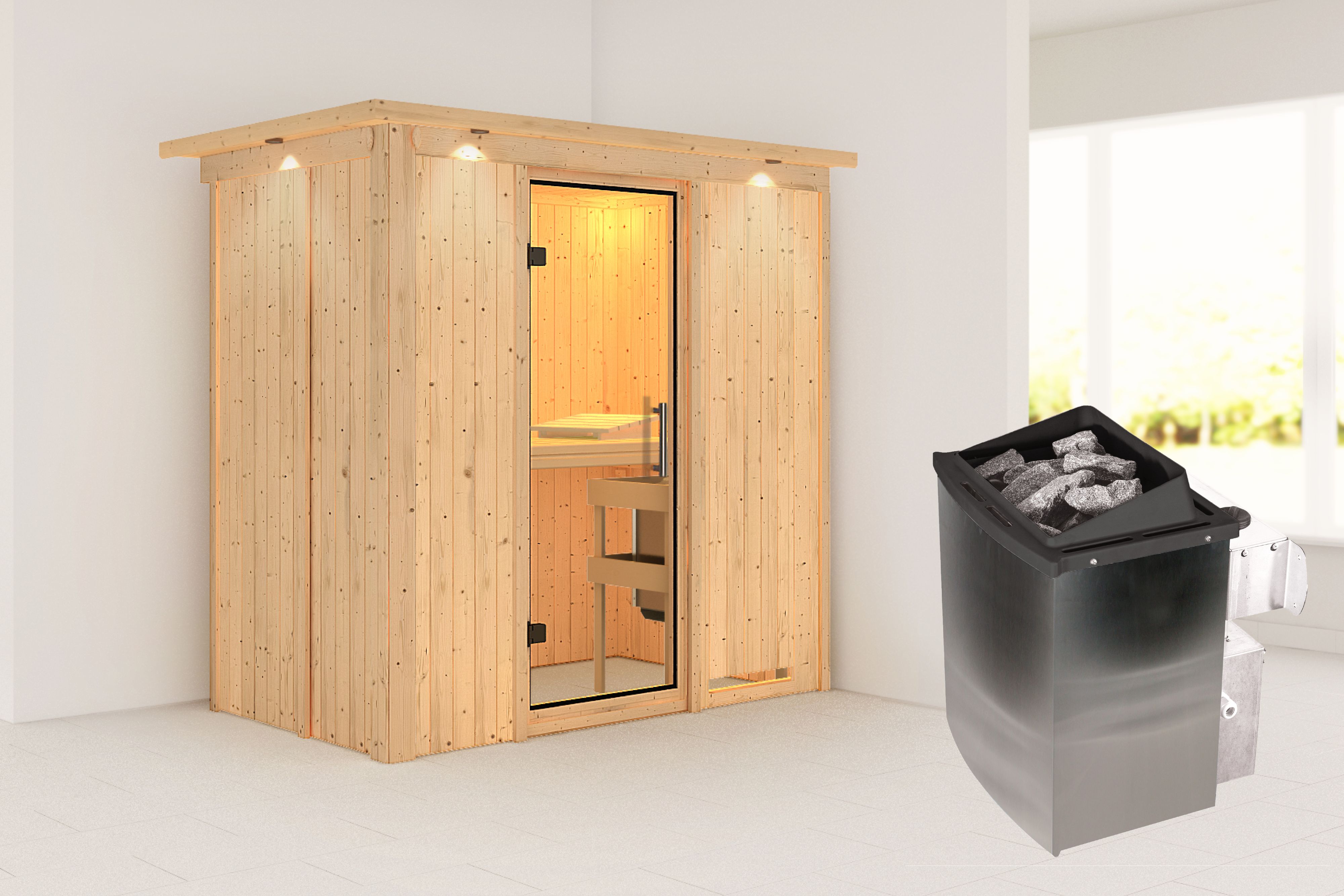 Außenansicht der Karibu Sauna Variado aus nordischer Fichte mit Klarglas-Ganzglastür und Fronteinstieg