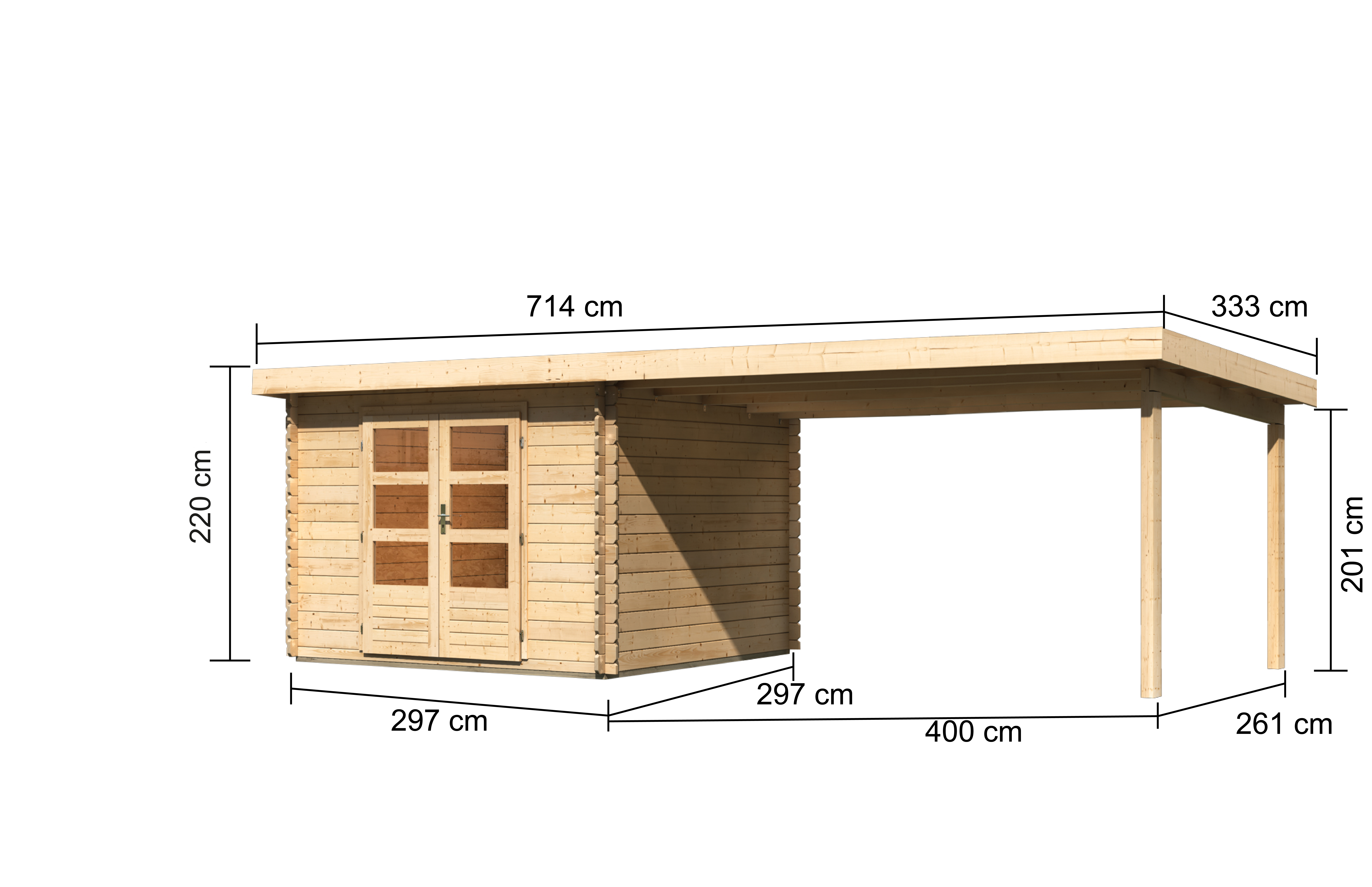 Bemaßte Maßzeichnung des Karibu Gartenhaus Bastrup 5 mit Anbaudach, 714 × 333 cm
