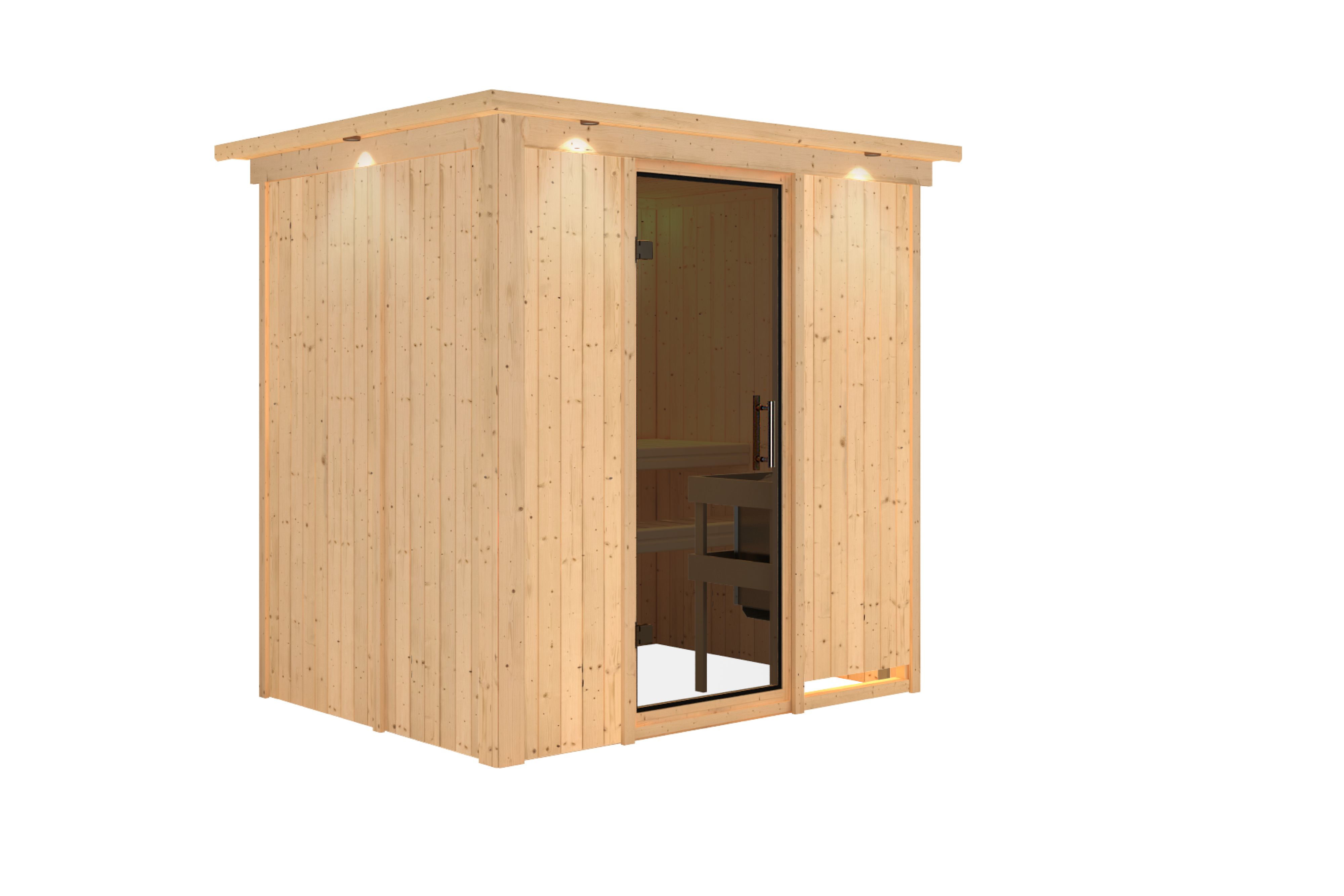 Innenansicht der Karibu Sauna Bodin mit Liegen und Kopfstütze aus hellem Espenholz