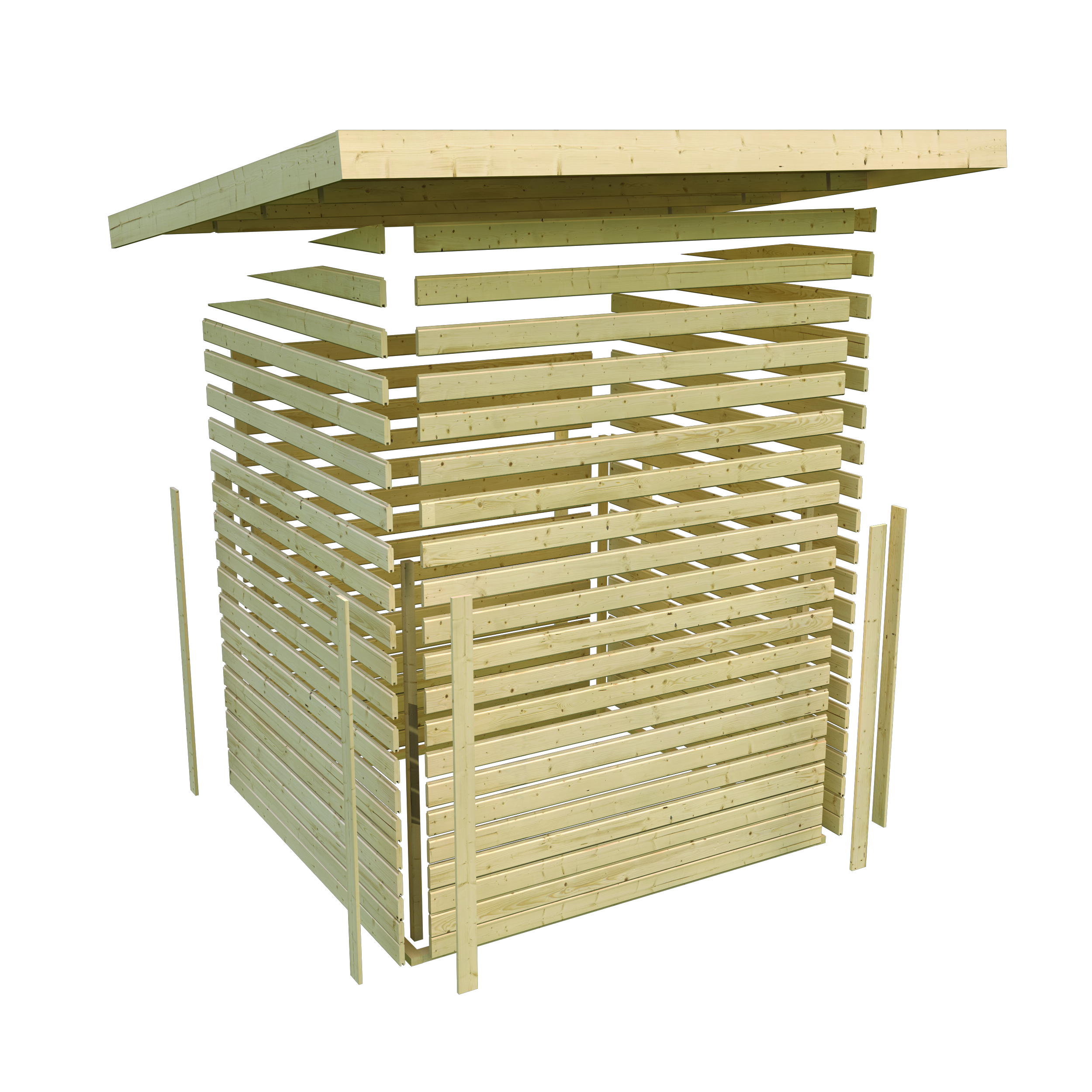 Aufbaudarstellung des Karibu Gartenhaus Kastorf 6 mit Wandprofilen und Pultdach