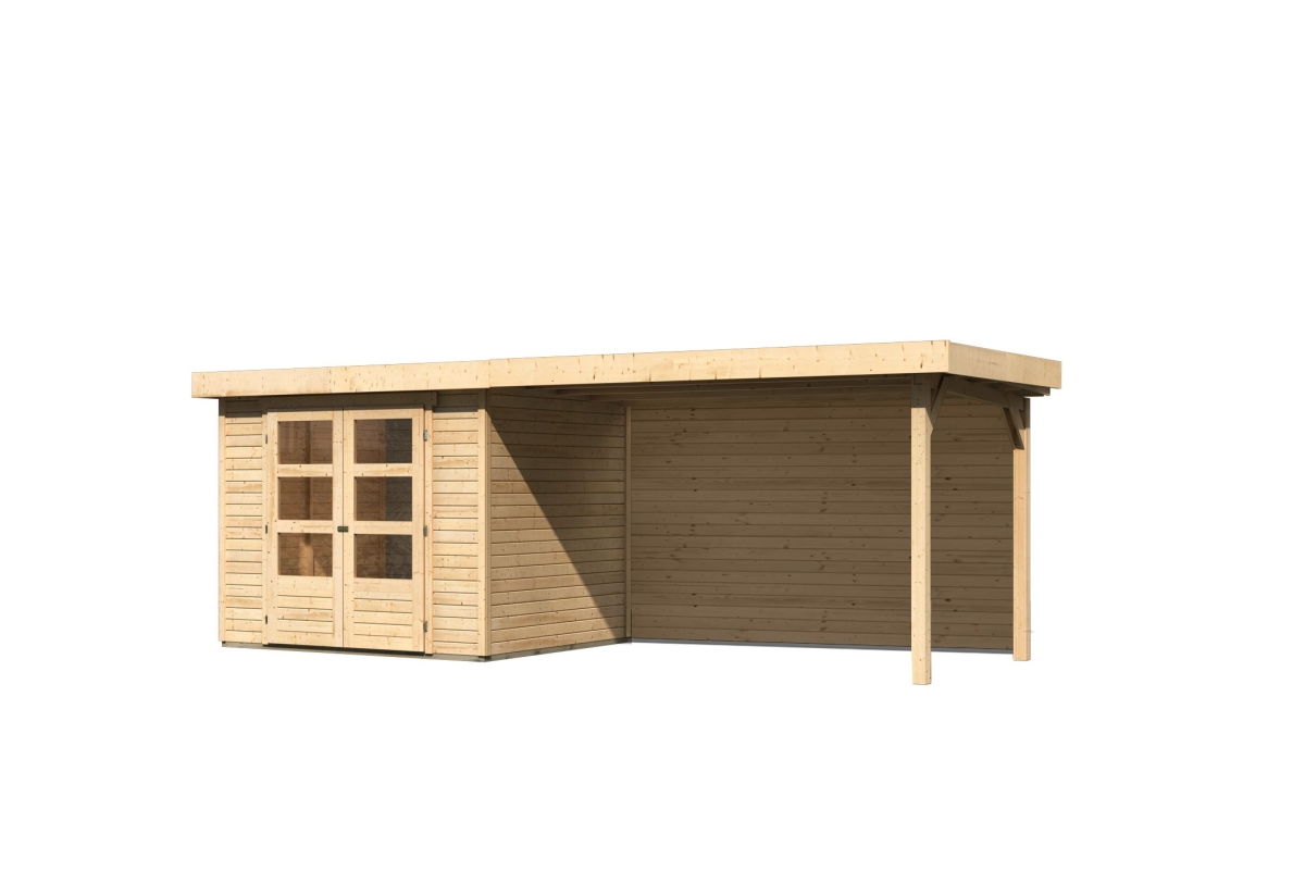 Karibu Gerätehaus Askola 3 in Naturbelassen und Anbaudach, Freisteller
