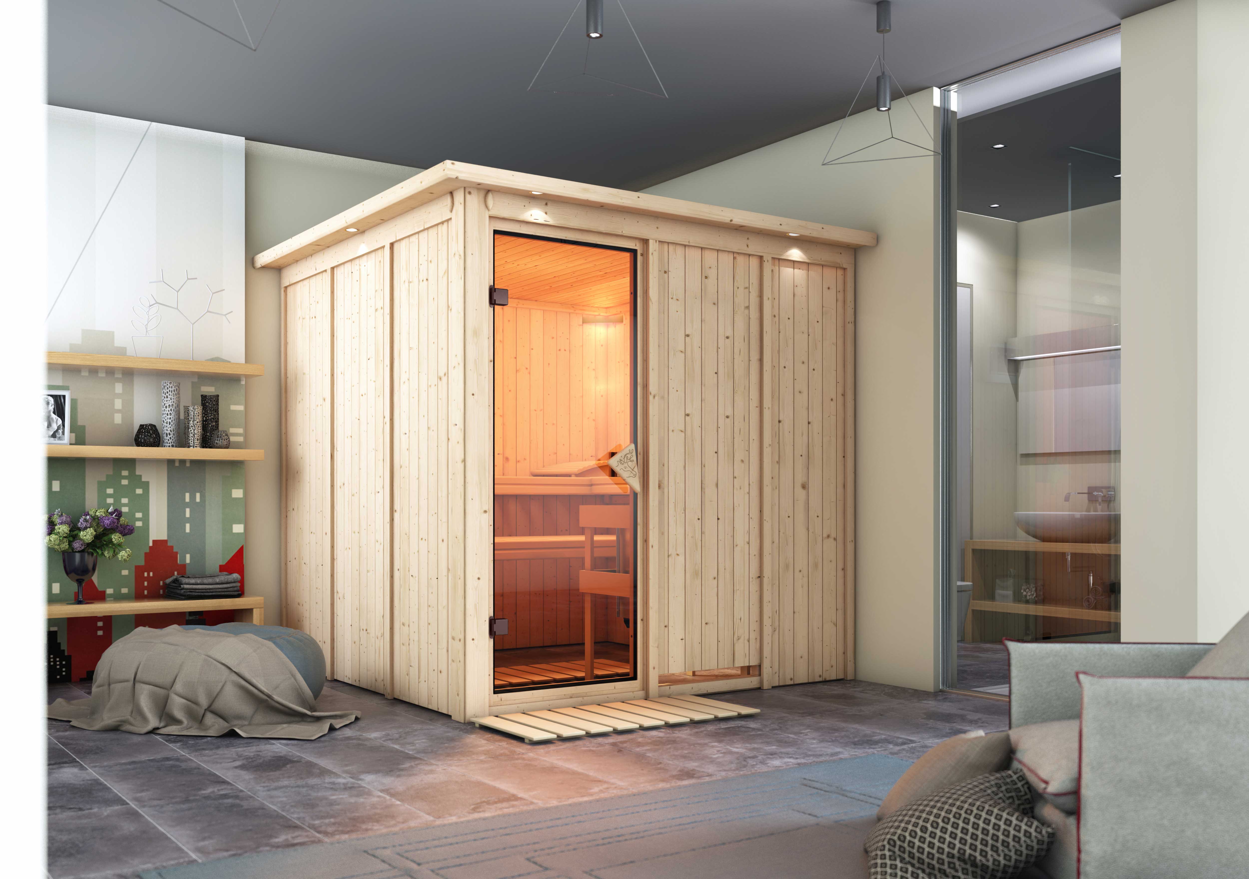Karibu Sauna Rodin als stimmungsvoller Wellnessbereich in einem modern eingerichteten Wohnraum