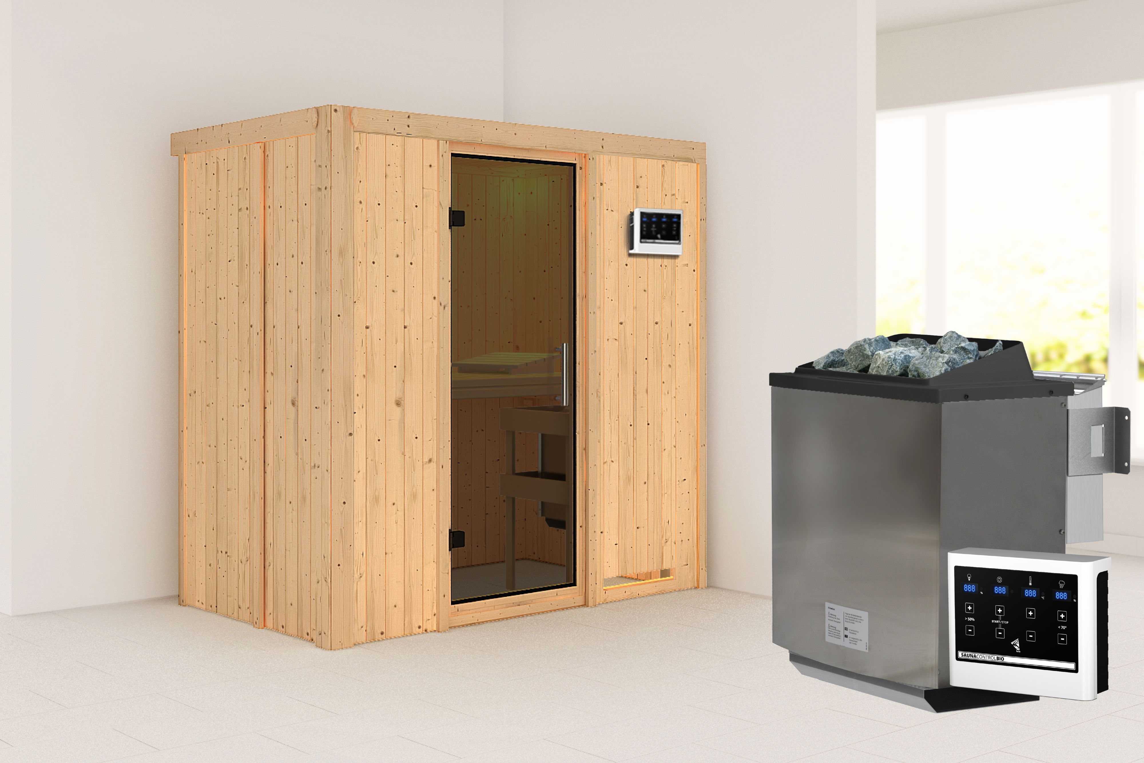 Außenansicht der Karibu Sauna Variado aus nordischer Fichte mit graphitfarbener Ganzglastür und Fronteinstieg