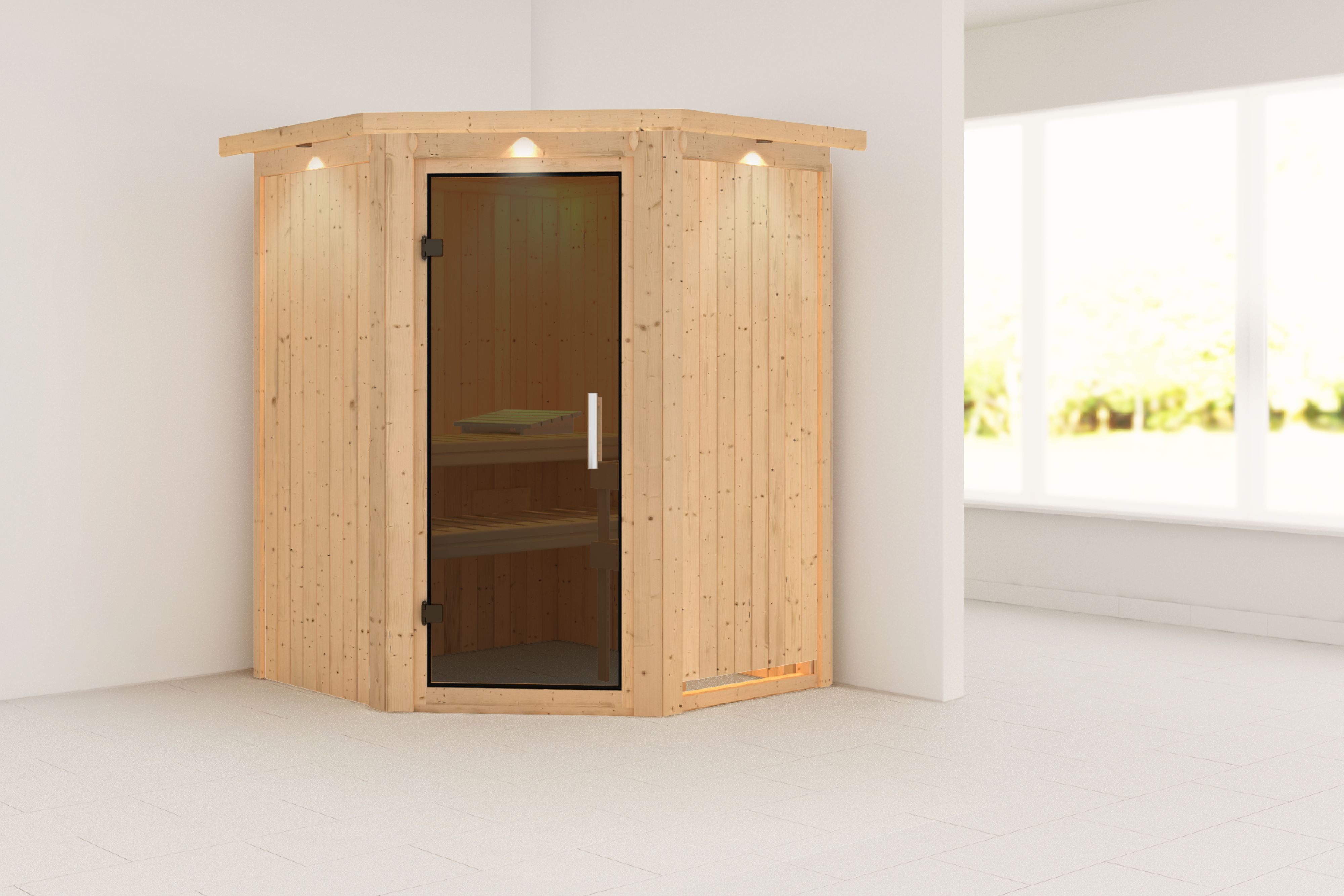 Außenansicht der Karibu Sauna Larin aus nordischer Fichte mit graphitfarbener Ganzglastür und Fronteinstieg