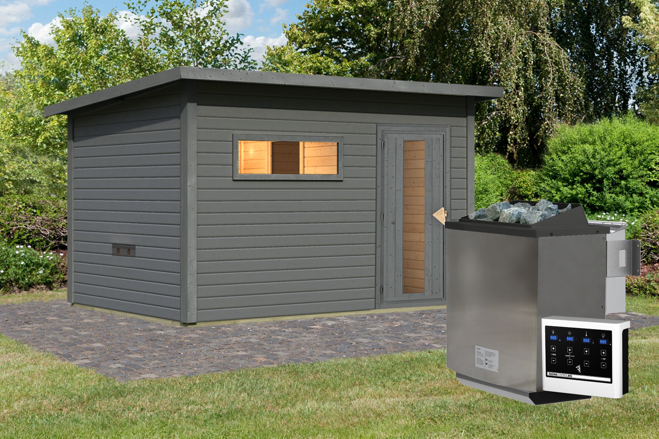 Karibu Saunahaus Hytti 6 als Gartensauna aus Massivholz im Garten mit Glasfront