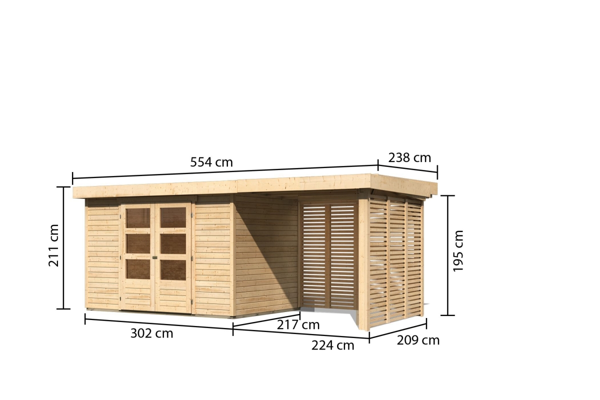 Bemaßte Maßzeichnung des Karibu Gerätehaus Askola 4 mit Anbaudach, 554 × 238 cm