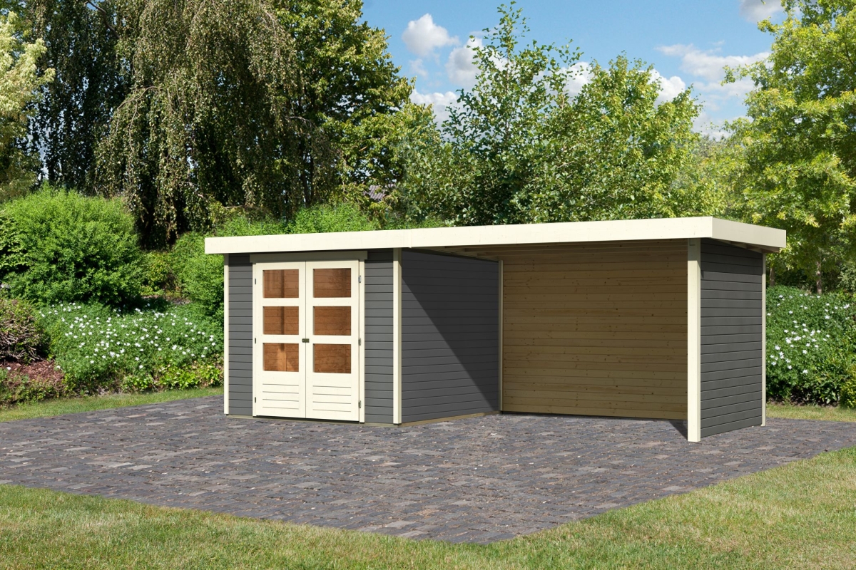 Karibu Gerätehaus Askola 3,5 in Terragrau und Anbaudach, Außenansicht