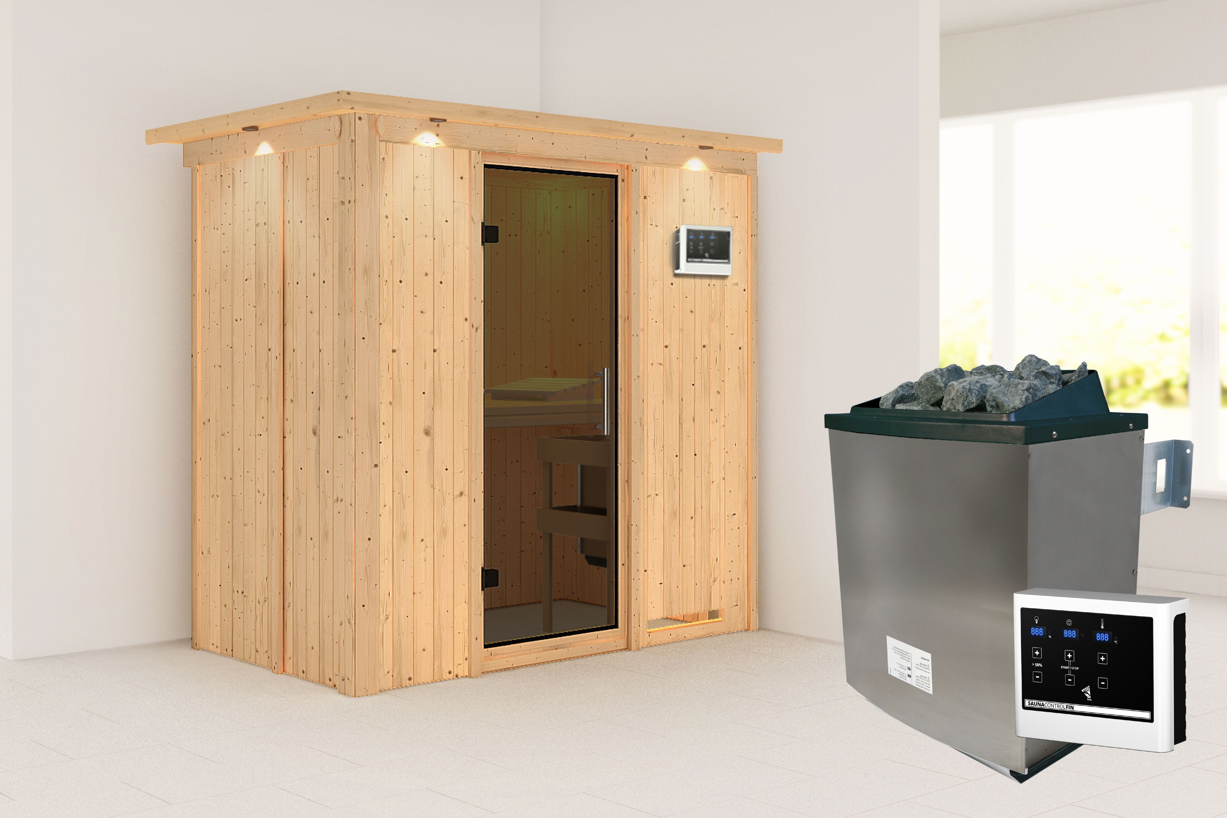 Außenansicht der Karibu Sauna Variado aus nordischer Fichte mit graphitfarbener Ganzglastür und Fronteinstieg