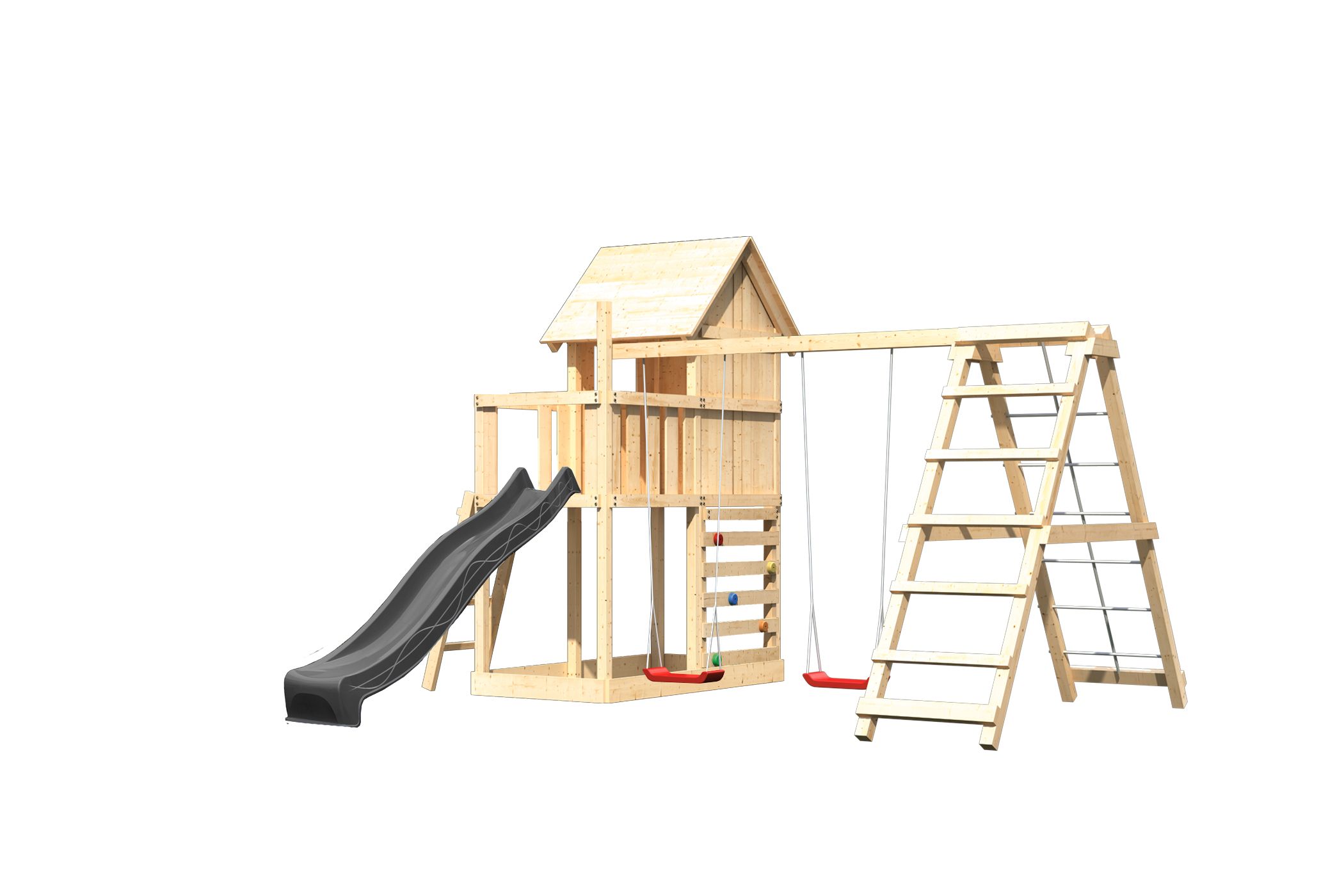 Karibu Spielgerät aus Holz mit Wellenrutsche, freigestellt