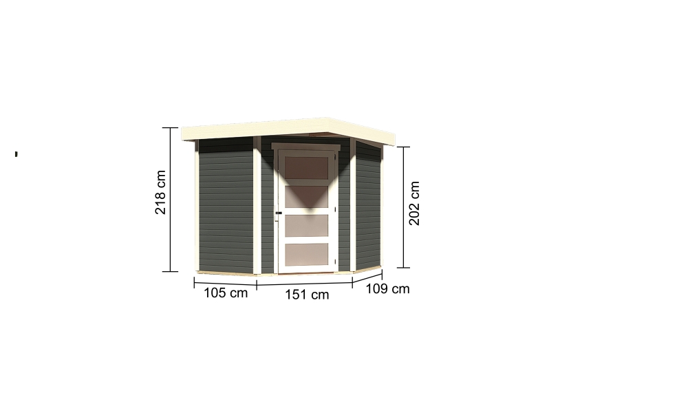 Bemaßte Maßzeichnung des Karibu Gerätehaus Schwandorf 3 mit Bemaßung