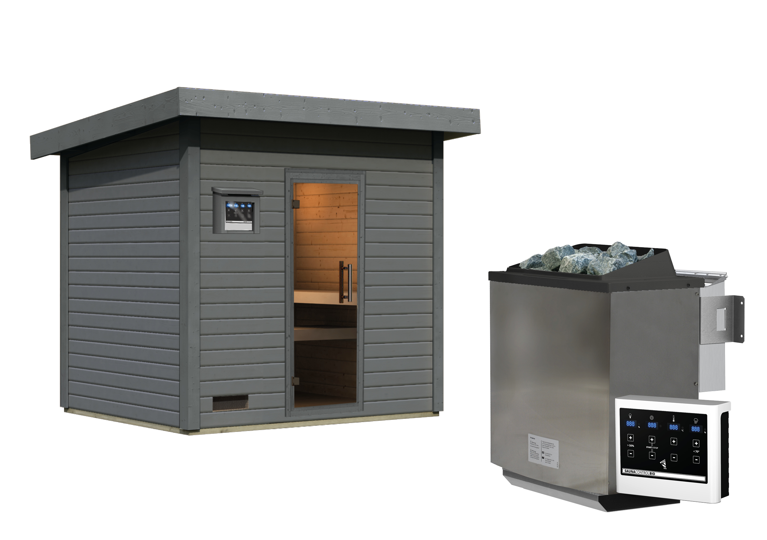 Freistellende Außenansicht der Karibu Saunahaus Hytti 3 Exclusive aus Massivholz mit Glasfront