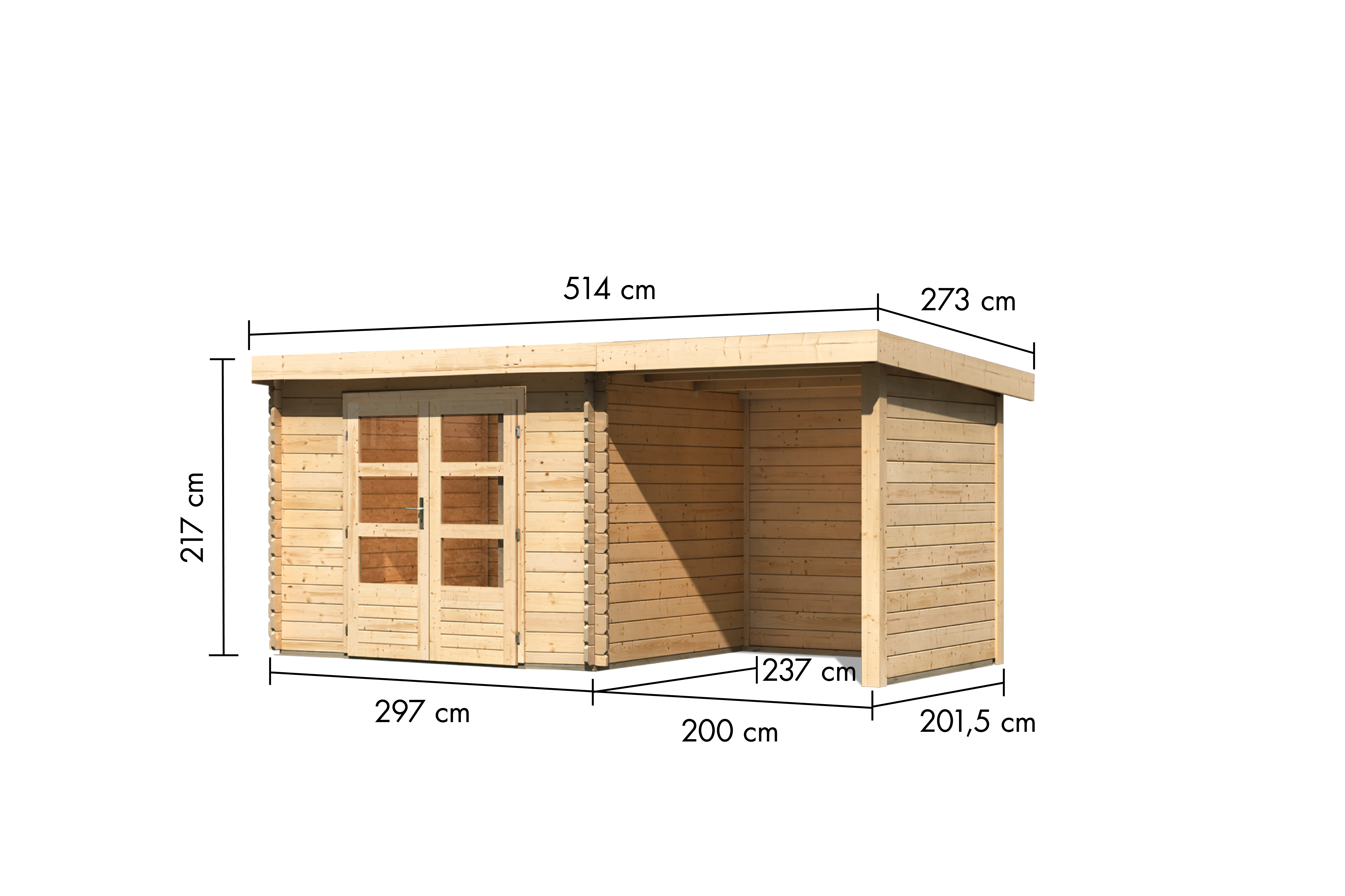 Bemaßte Maßzeichnung des Karibu Gartenhaus Bastrup 3 mit Anbaudach, 514 × 273 cm