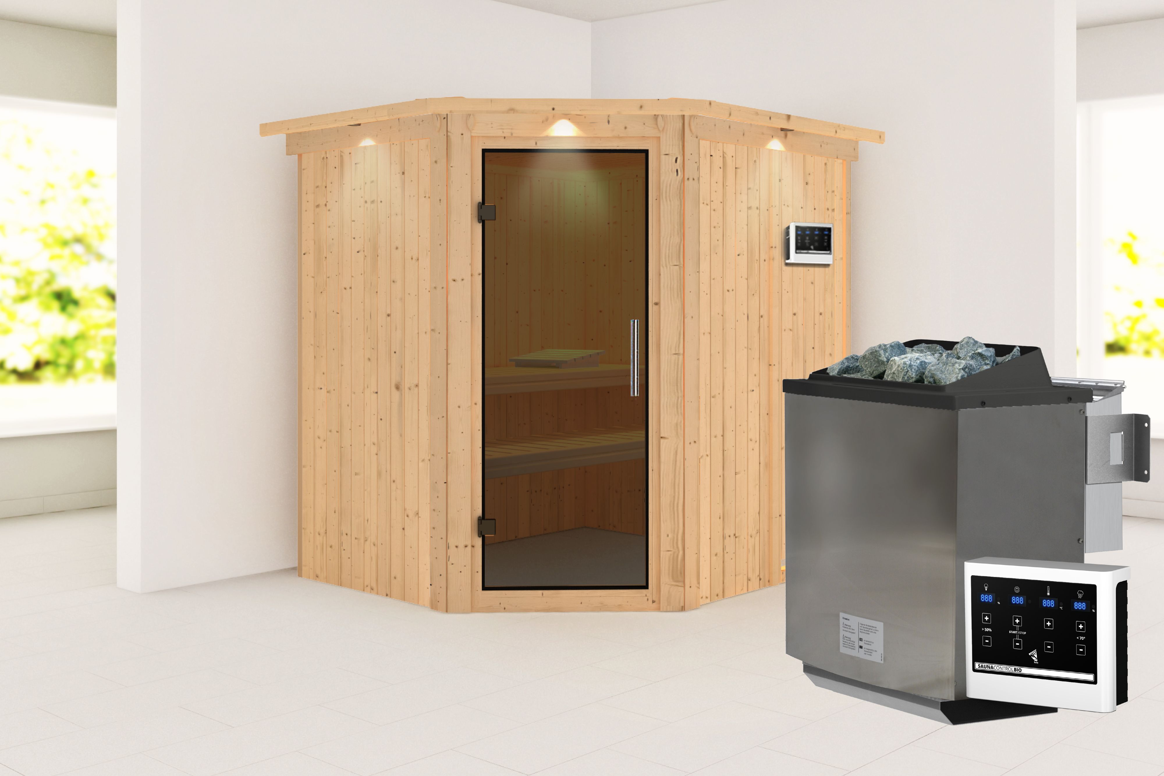 Außenansicht der Karibu Sauna Siirin aus nordischer Fichte mit graphitfarbener Ganzglastür und Fronteinstieg