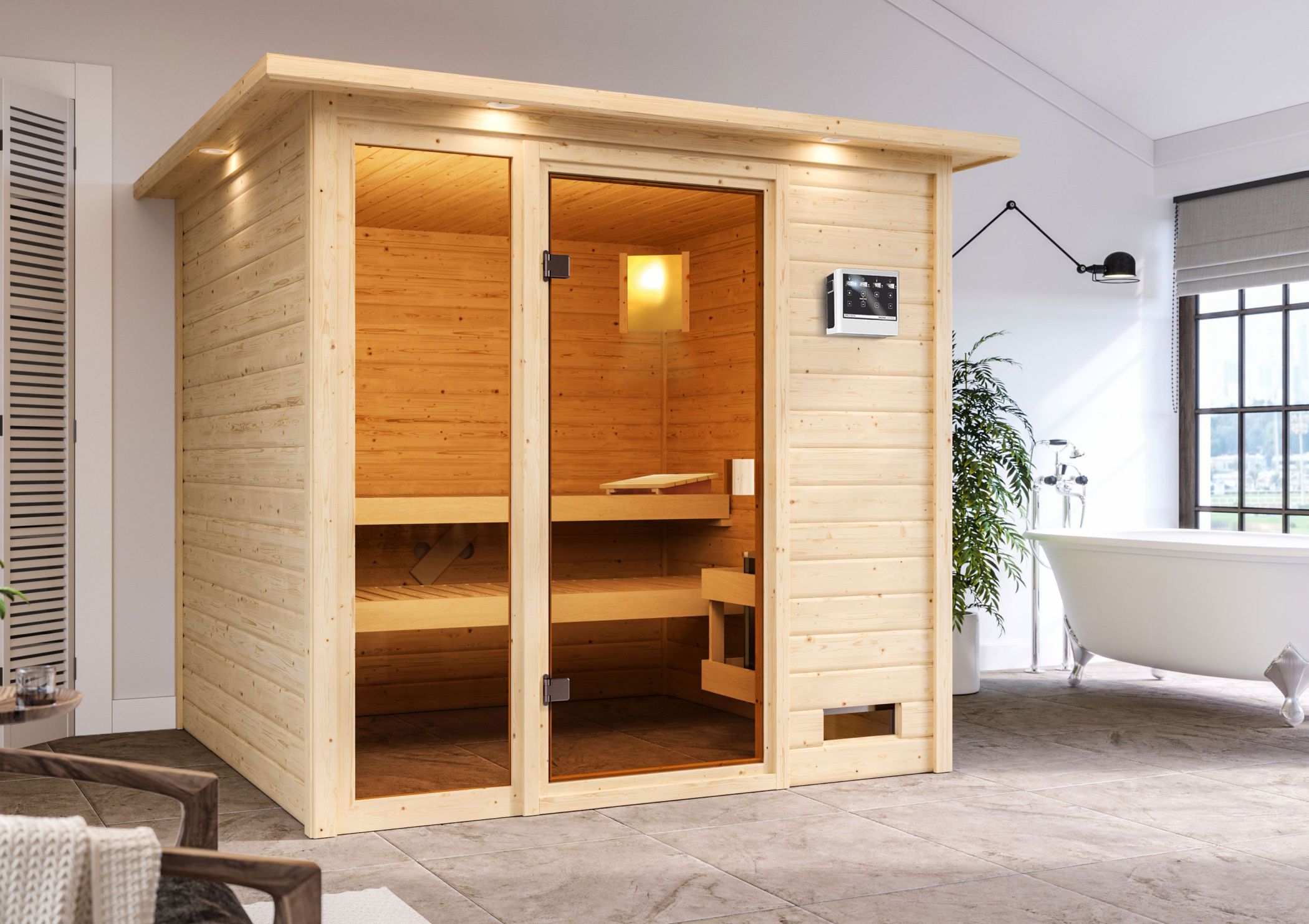 Karibu Sauna Jutta als hochwertige Sauna aus nordischer Fichte im Wohnraum-Ambiente