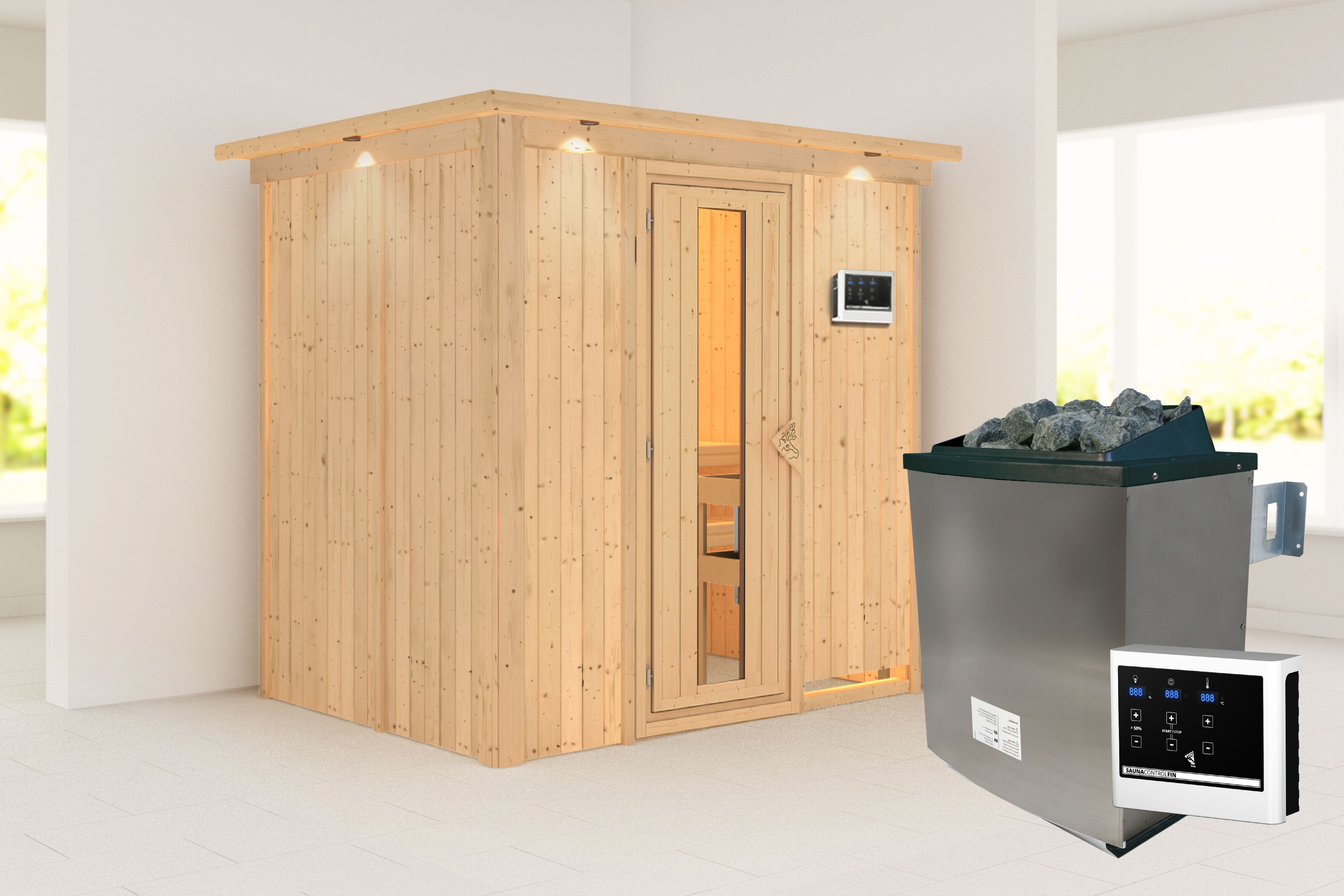 Außenansicht der Karibu Sauna Bodin aus nordischer Fichte mit isolierter Holztür und Fronteinstieg