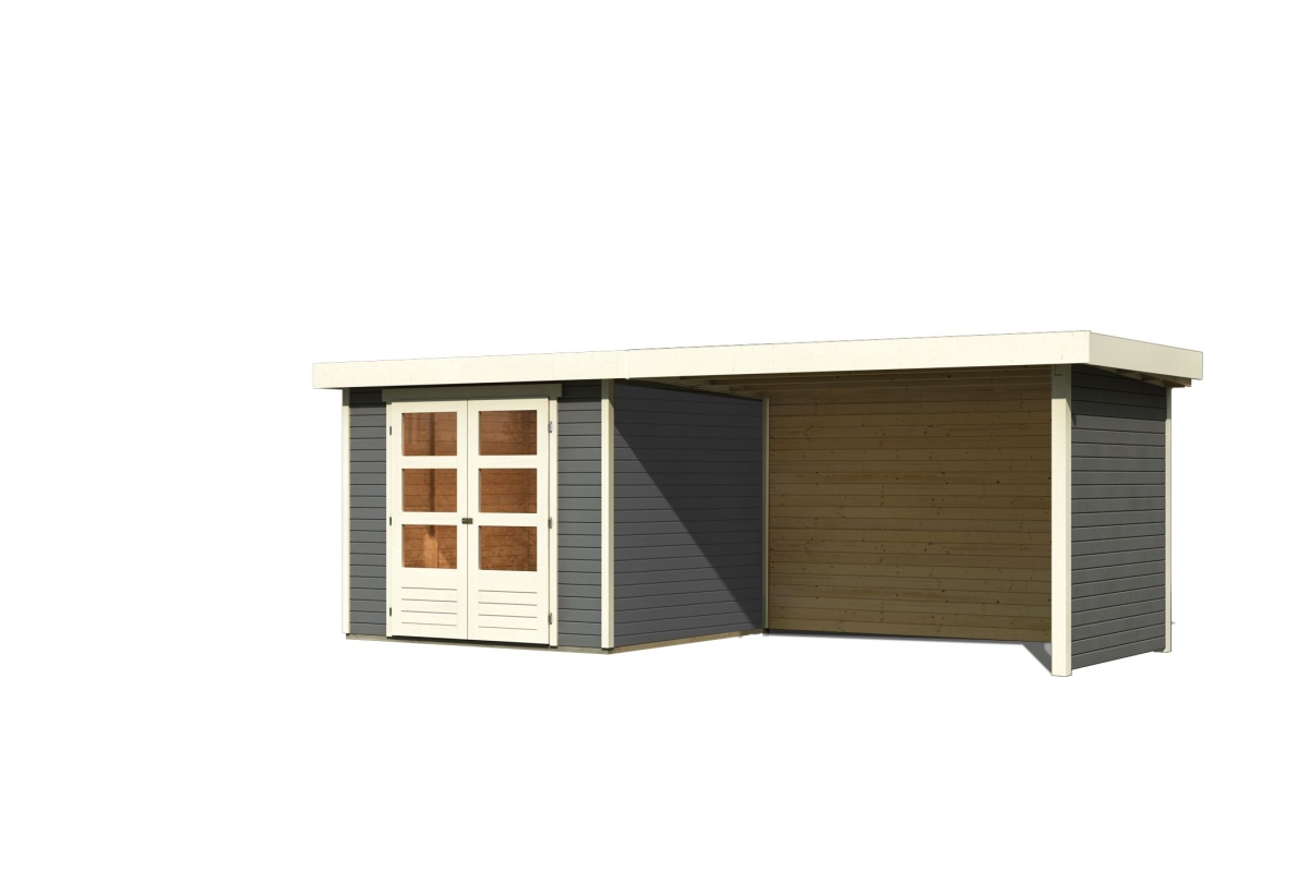 Karibu Gerätehaus Askola 3,5 in Terragrau und Anbaudach, Freisteller