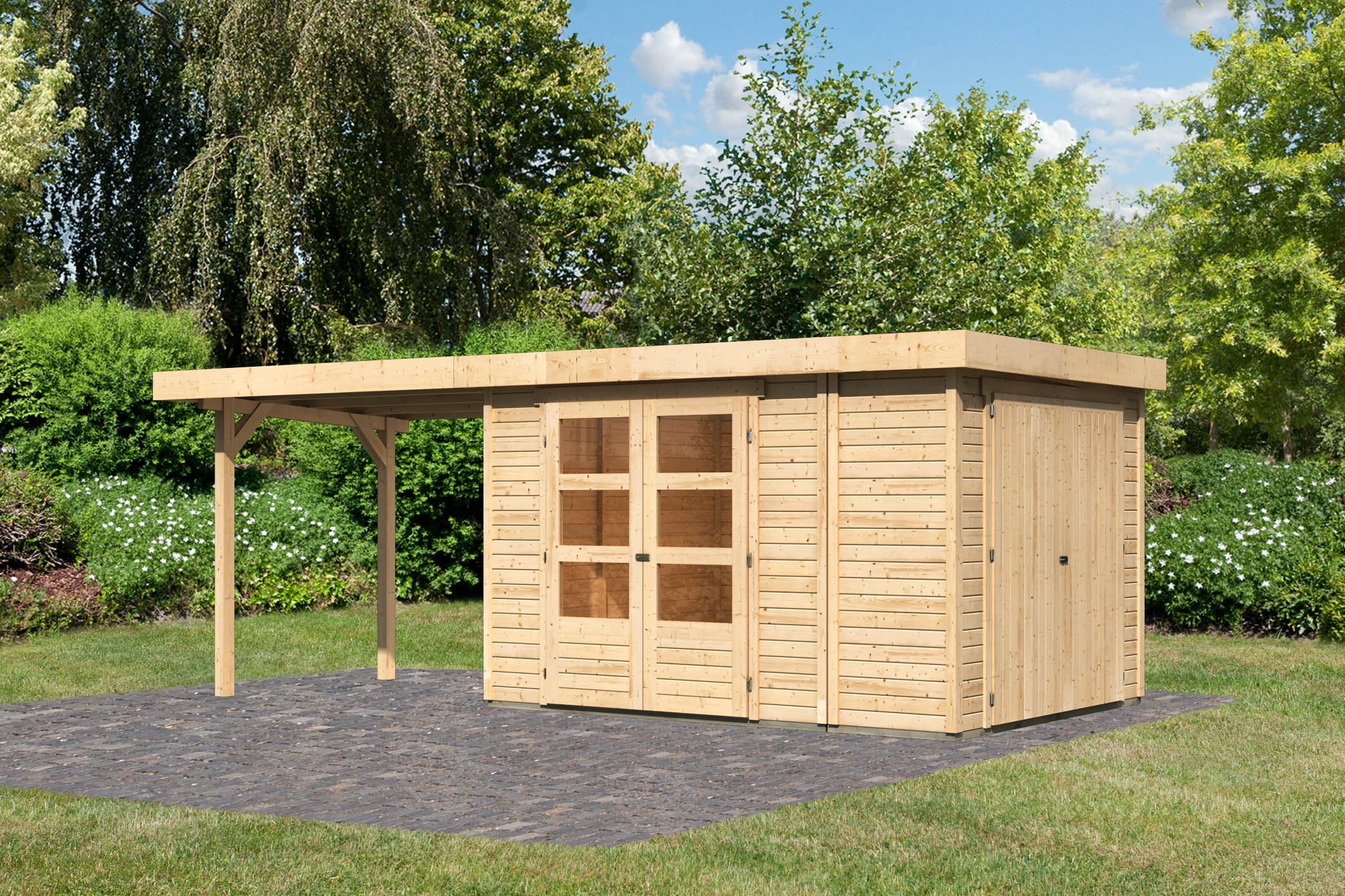 Karibu großes Gerätehaus Retola 4 in Naturbelassen und Anbaudach, Außenansicht