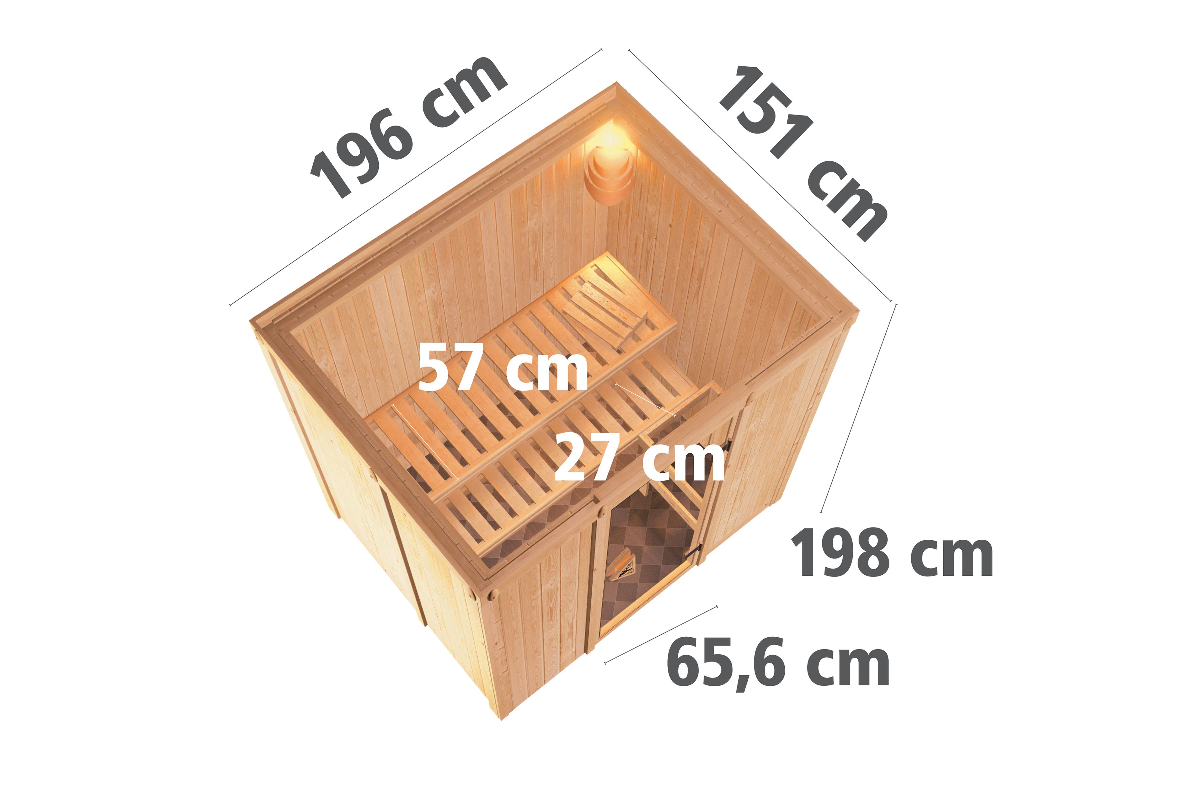 Maßzeichnung der Karibu Sauna Bodin mit Außenmaß 196 × 151 cm und Höhe 198 cm