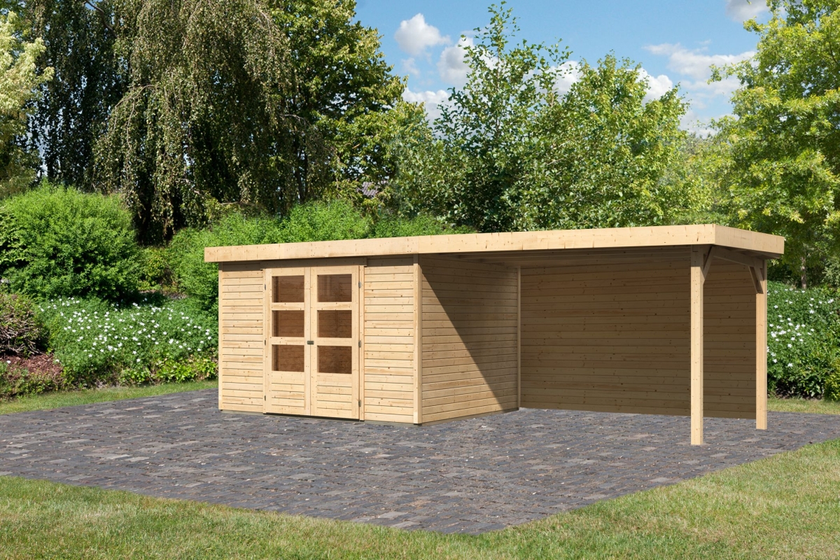Karibu großes Gerätehaus Askola 5 in Naturbelassen und Anbaudach, Außenansicht