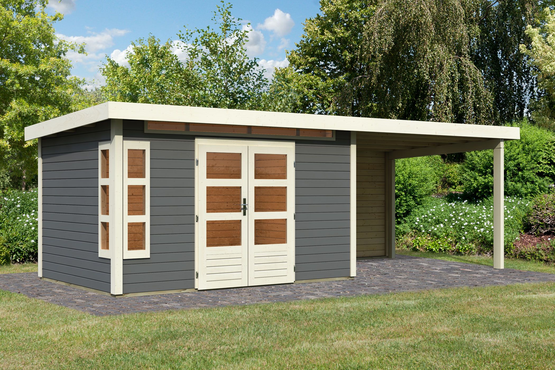 Karibu Gartenhaus Kastorf 7 in Terragrau und Anbaudach, Außenansicht