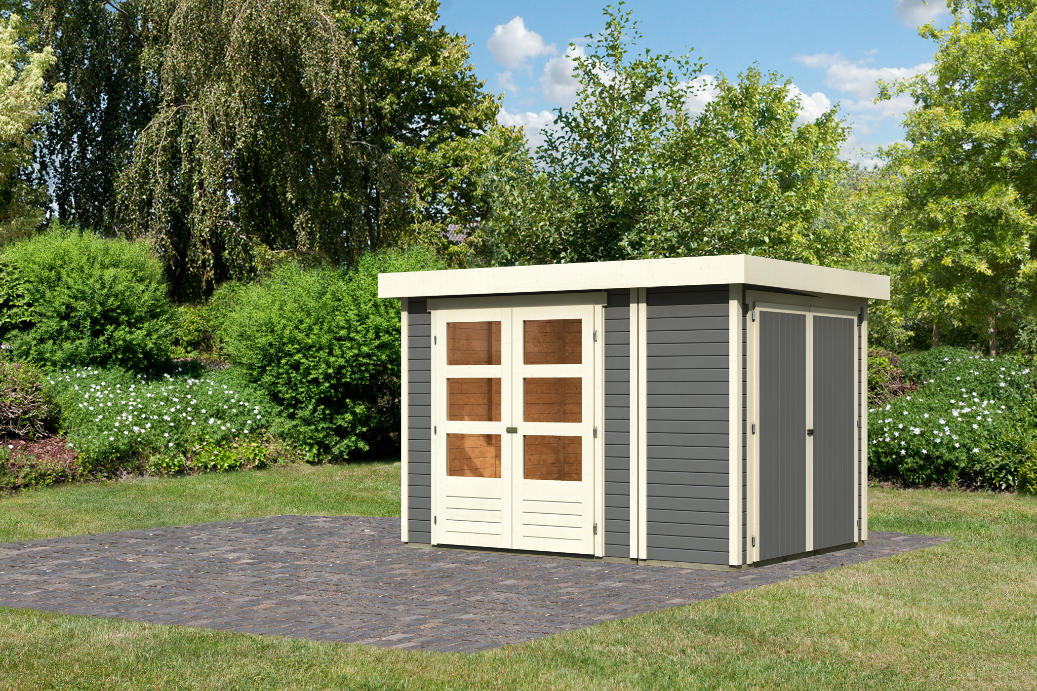 Karibu Gerätehaus Retola 2 in Terragrau, Außenansicht