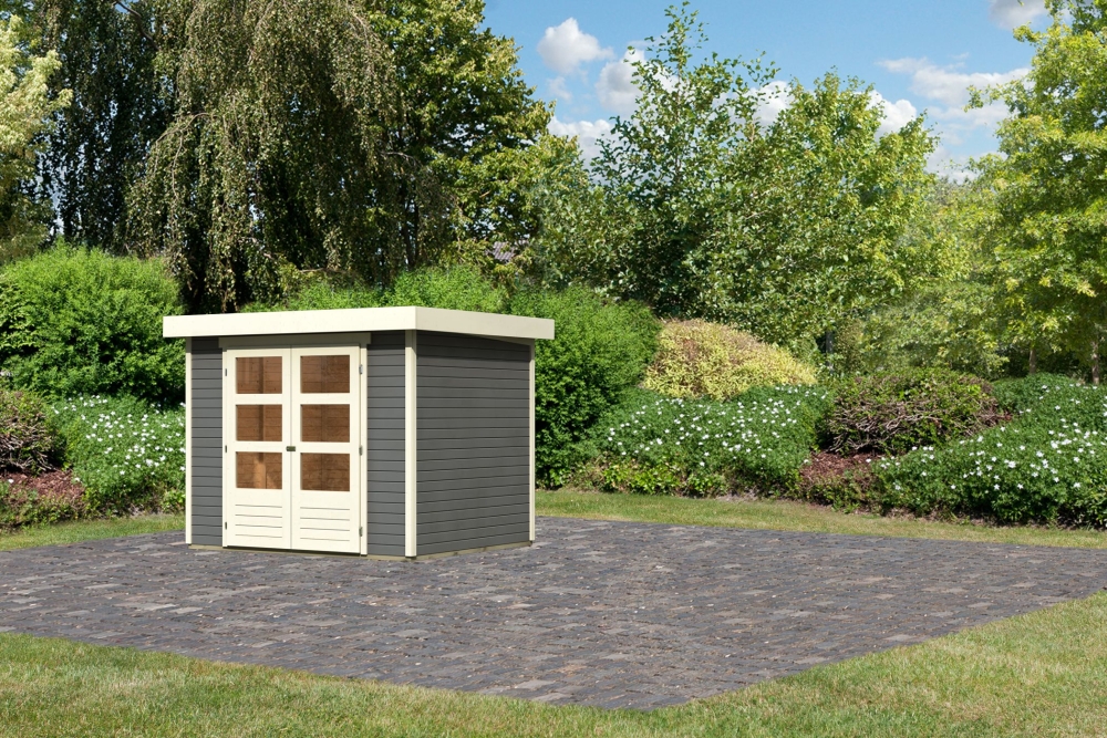 Karibu Gerätehaus Askola 3 in Terragrau, Außenansicht