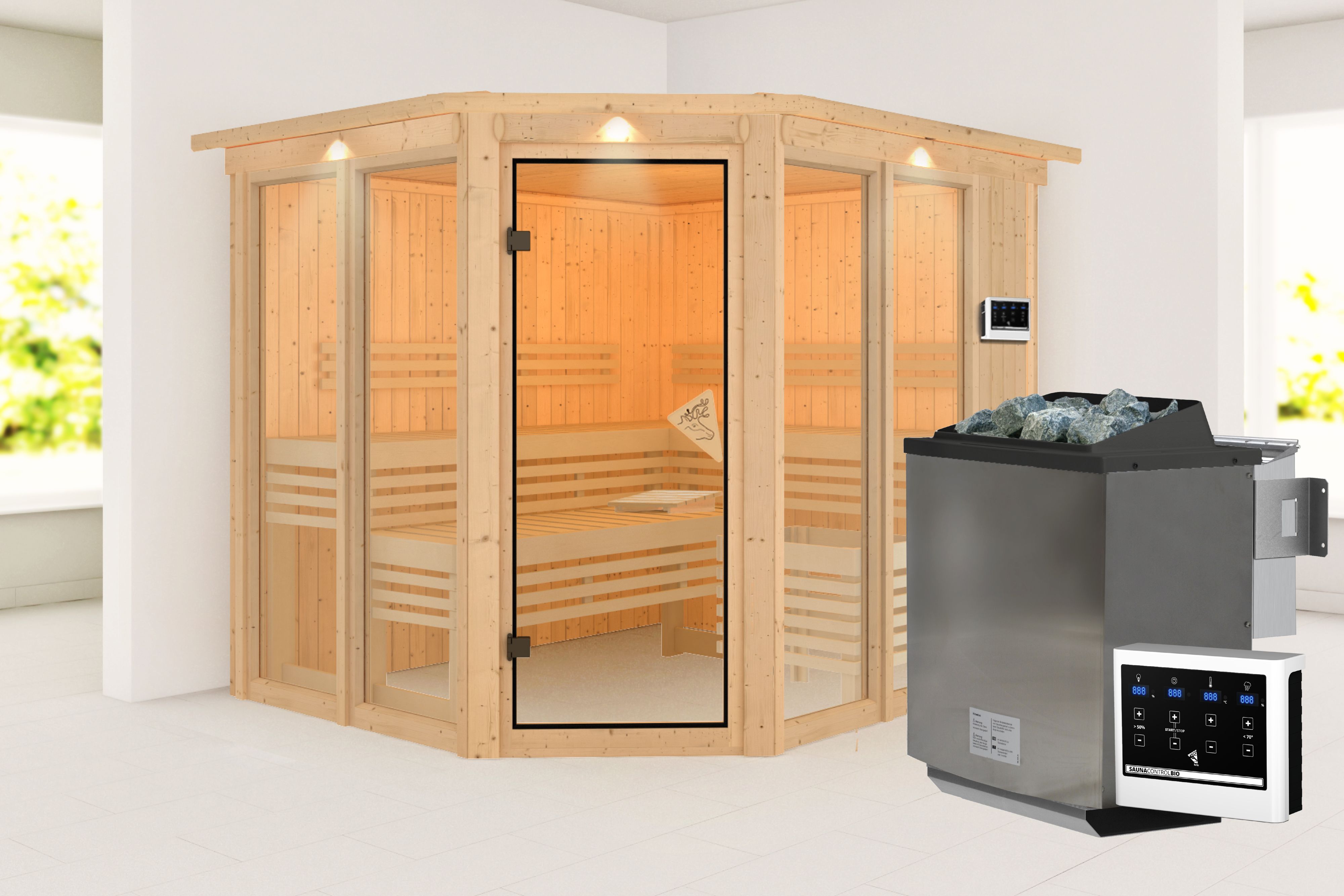 Außenansicht der Karibu Sauna Ainur aus nordischer Fichte mit Ganzglastür und Fronteinstieg