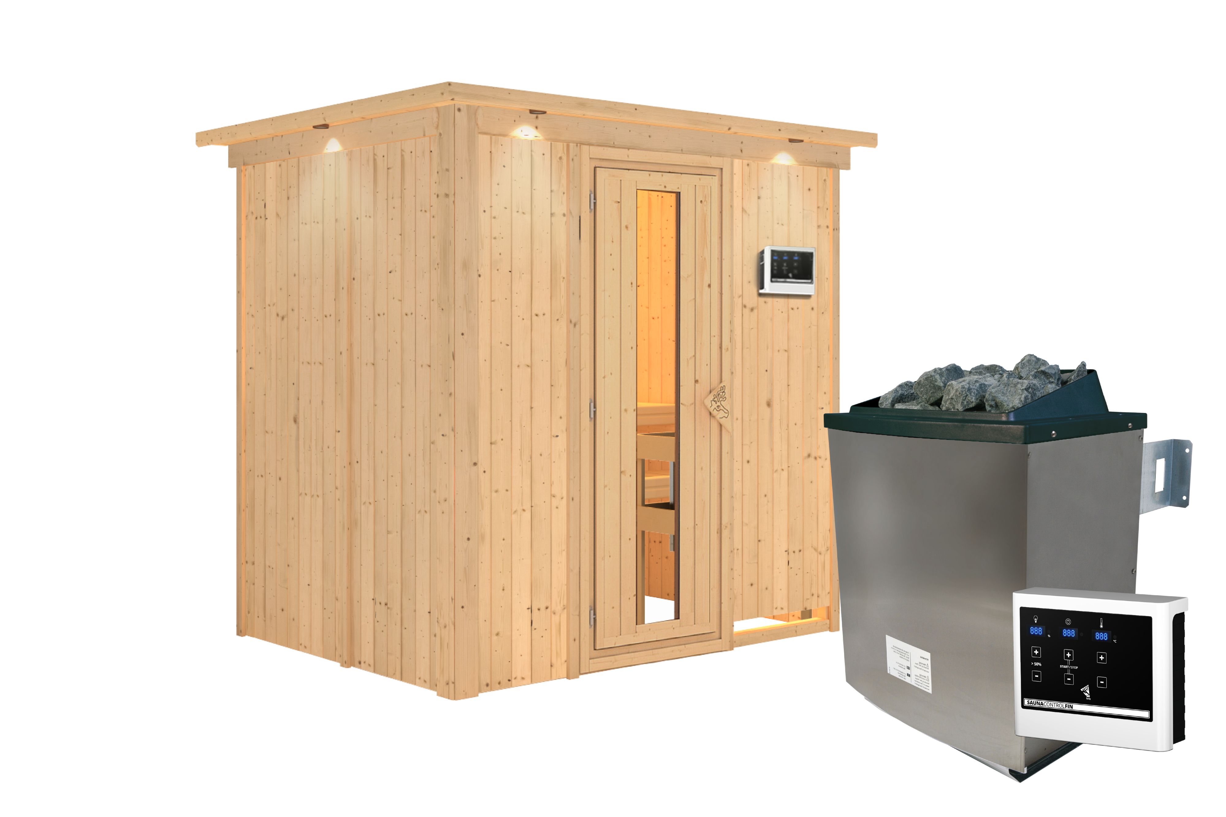 Innenansicht der Karibu Sauna Bodin mit Liegen und Kopfstütze aus hellem Espenholz