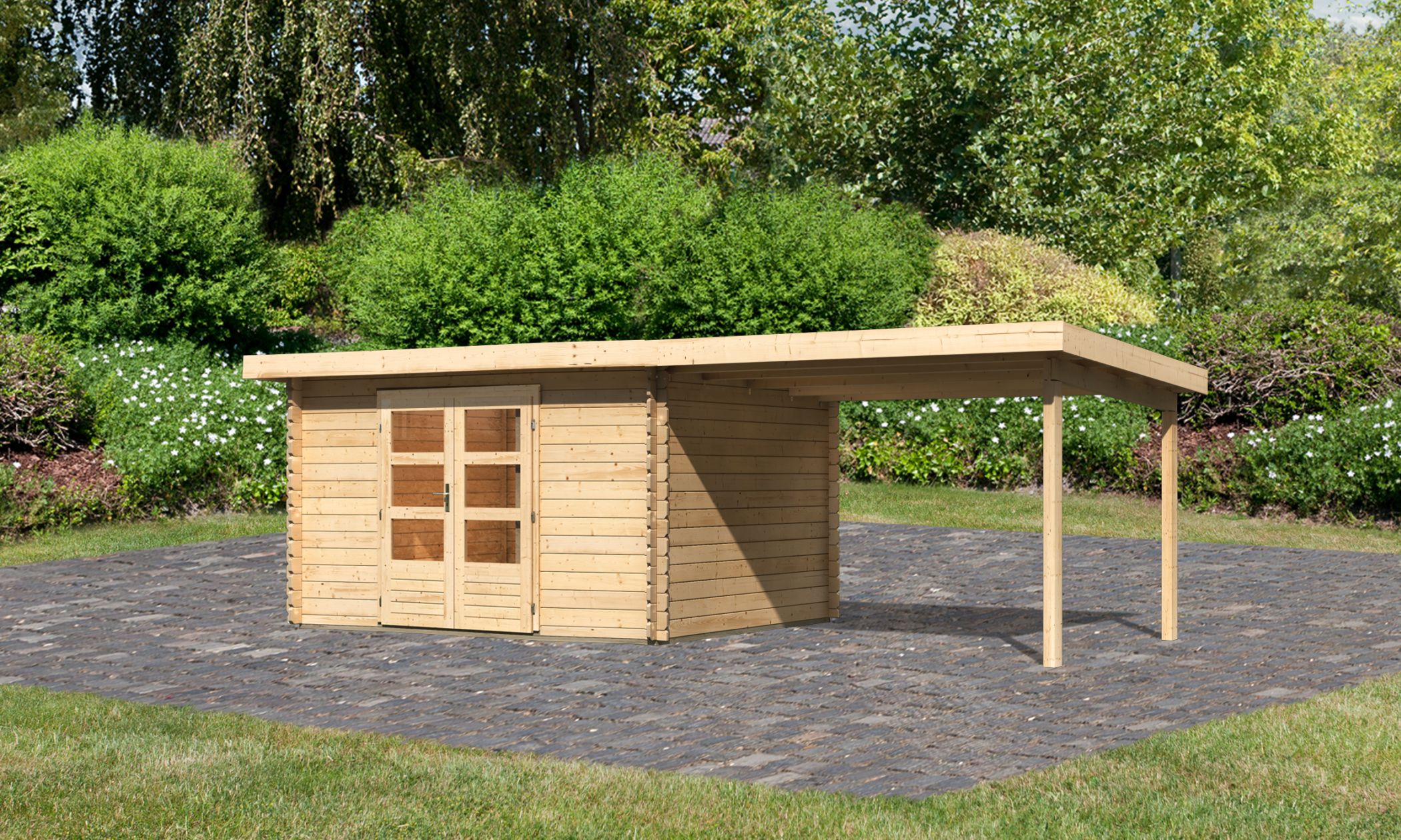 Karibu Gartenhaus Bastrup 7 in Naturbelassen und Anbaudach, Außenansicht