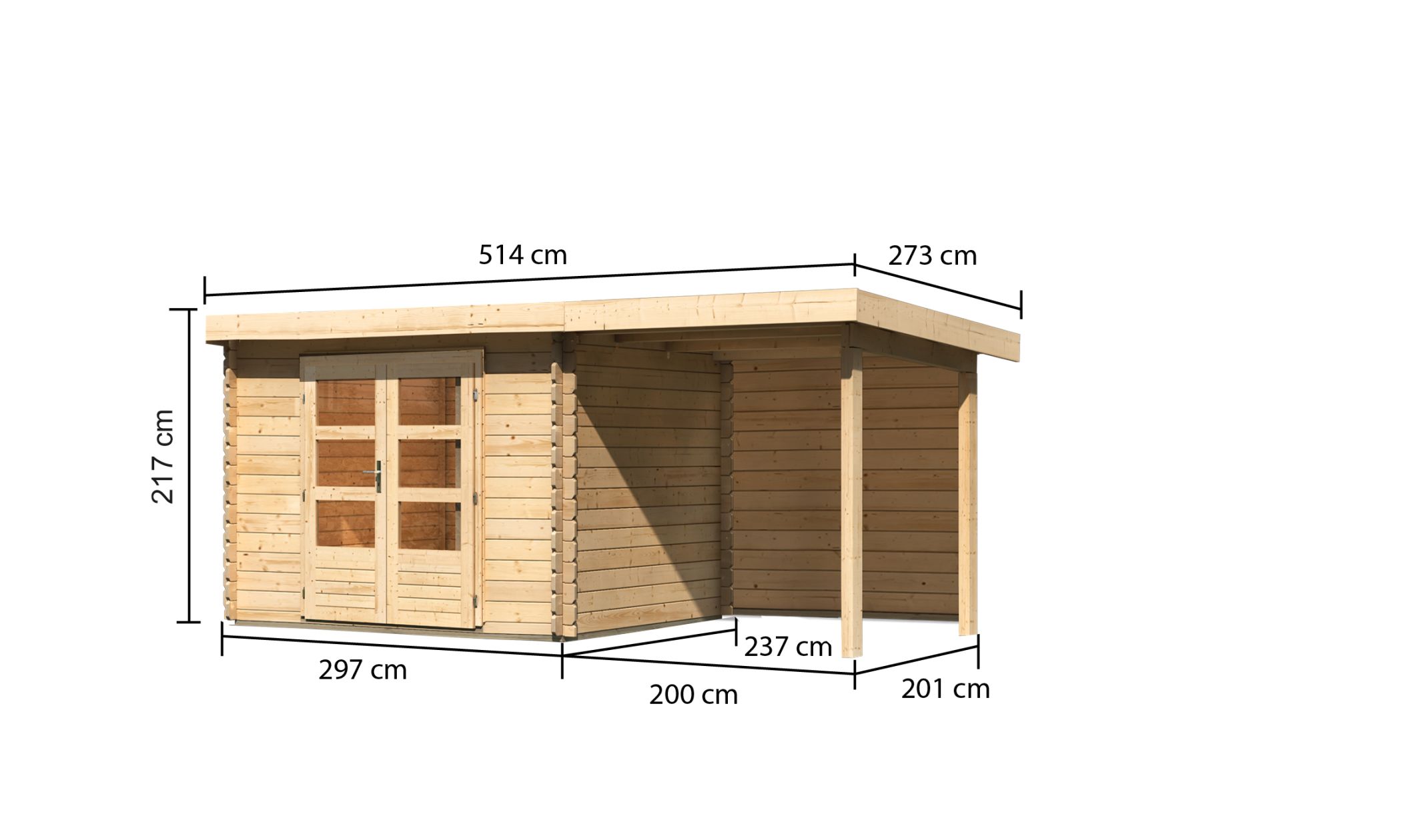 Bemaßte Maßzeichnung des Karibu Gartenhaus Bastrup 3 mit Anbaudach, 514 × 273 cm