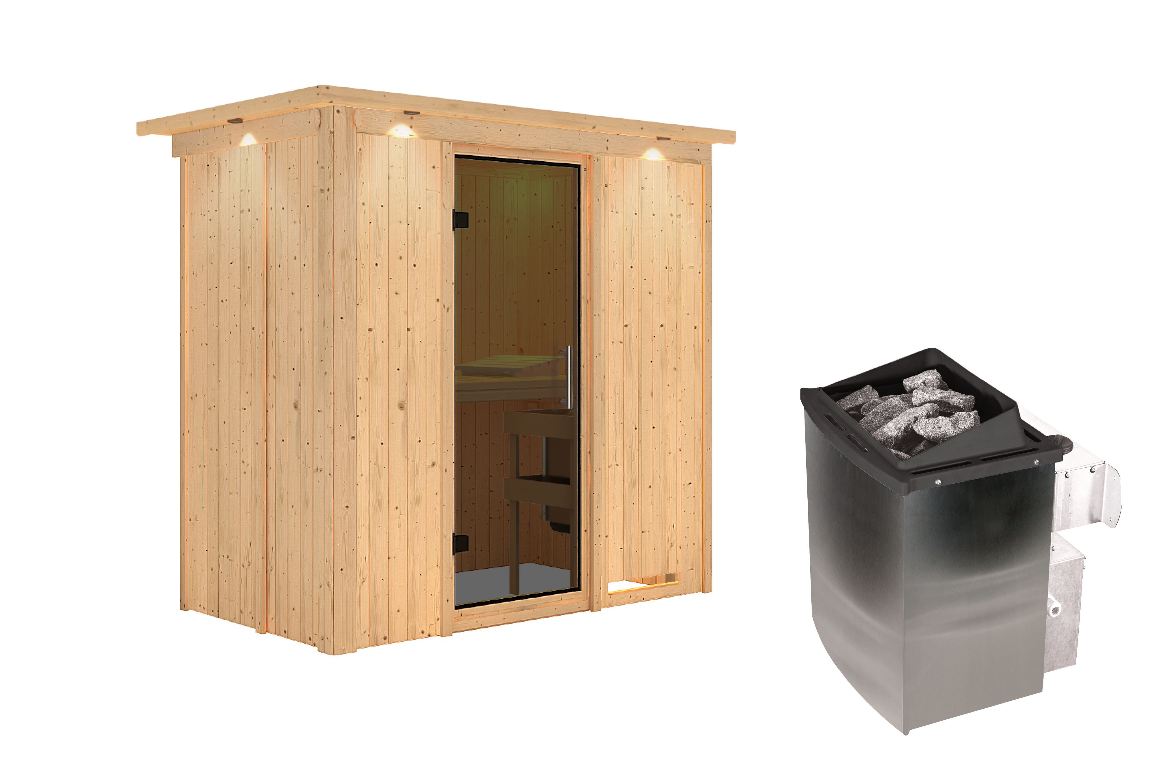 Innenansicht der Karibu Sauna Variado mit Liegen und Kopfstütze aus hellem Espenholz