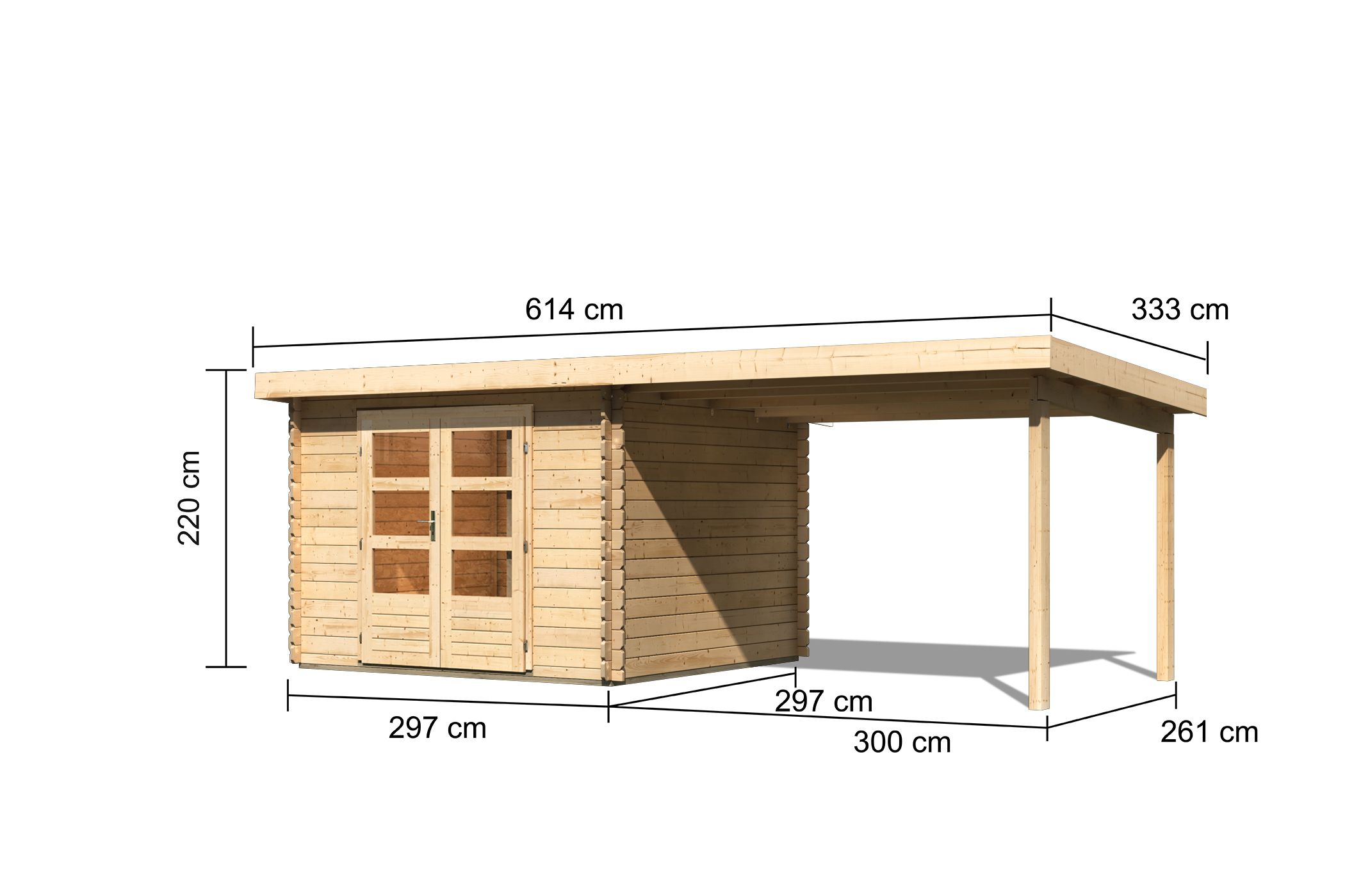 Bemaßte Maßzeichnung des Karibu Gartenhaus Bastrup 5 mit Anbaudach, 614 × 333 cm