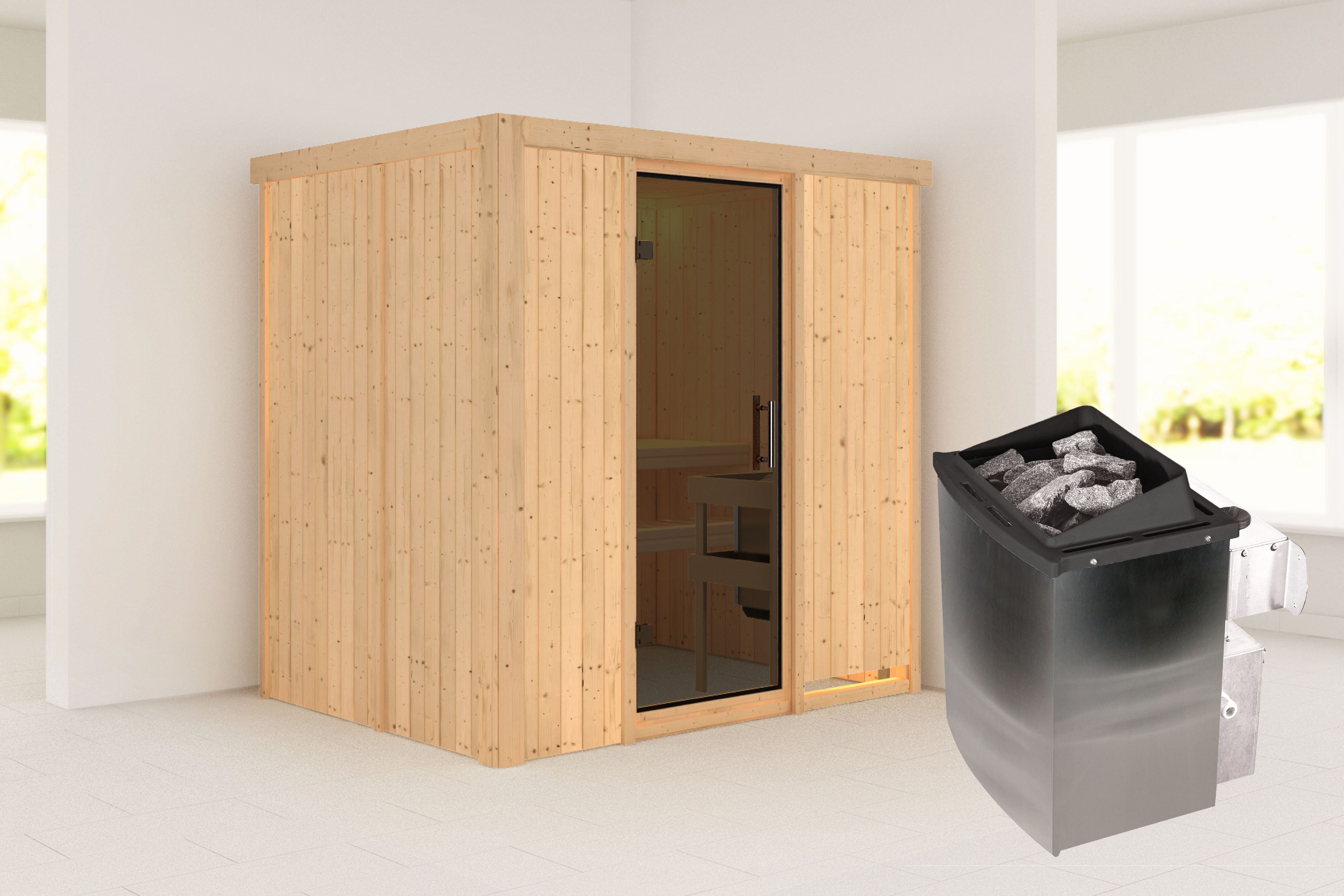 Außenansicht der Karibu Sauna Bodin aus nordischer Fichte mit graphitfarbener Ganzglastür und Fronteinstieg